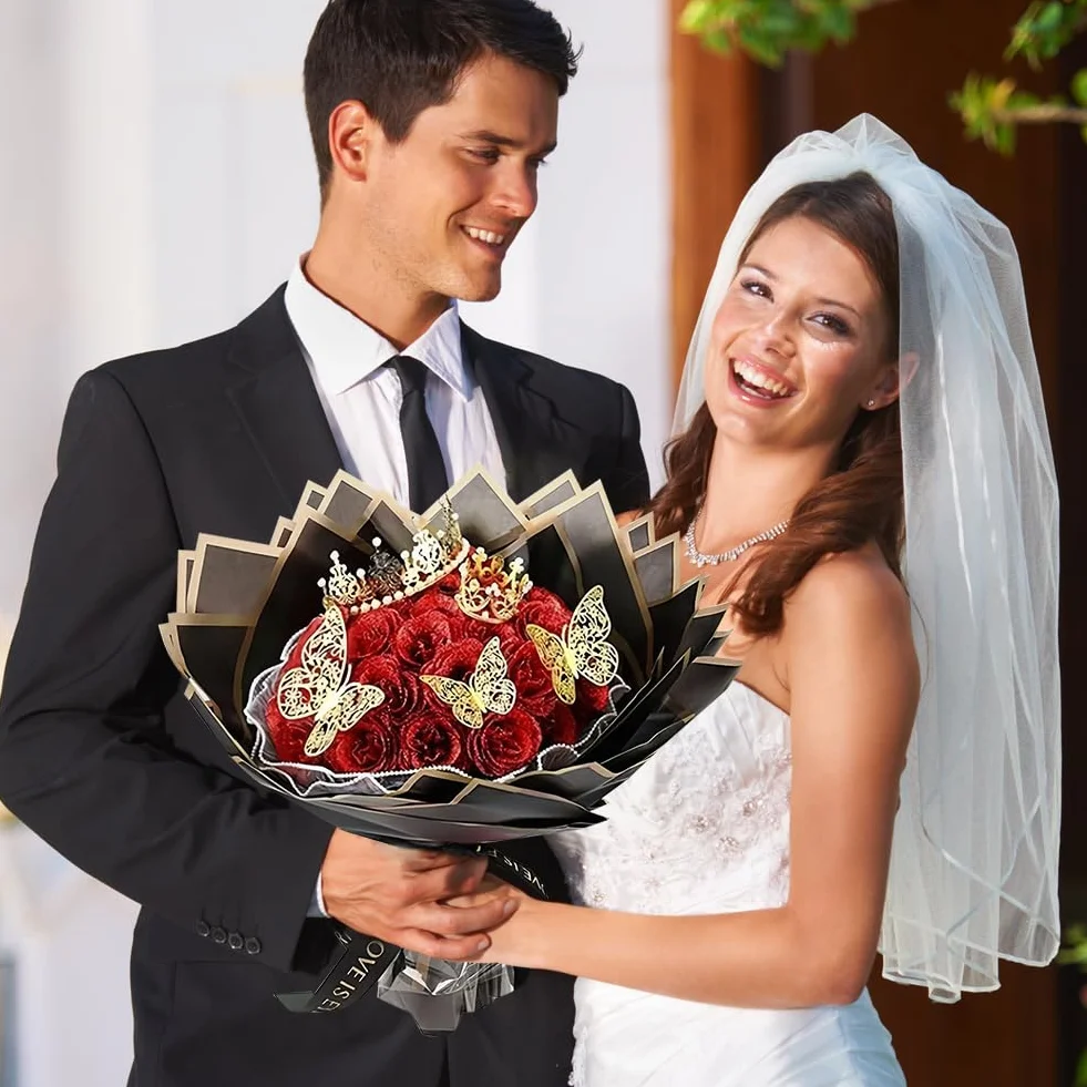 Ramo de rosas con purpurina 24 unidades corona regalos boda aniversario compromiso cumpleaños Navidad San Valentín Rojo