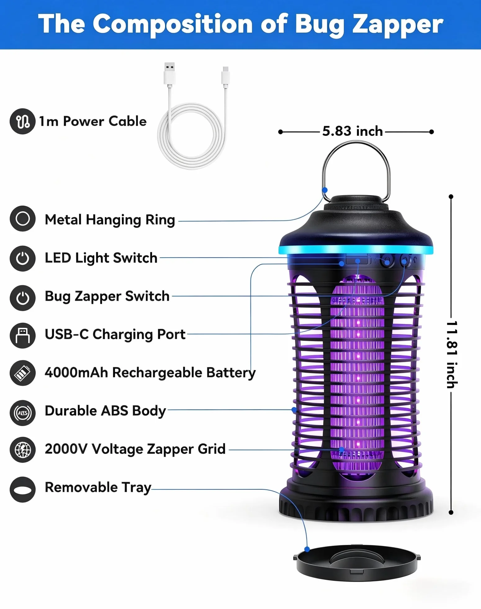 Lámpara Antimosquitos Eléctrica 4000 mAh Portátil USB Recargable Insect Killer 2000 V Trampa Luz LED Exterior Interior Hogar
