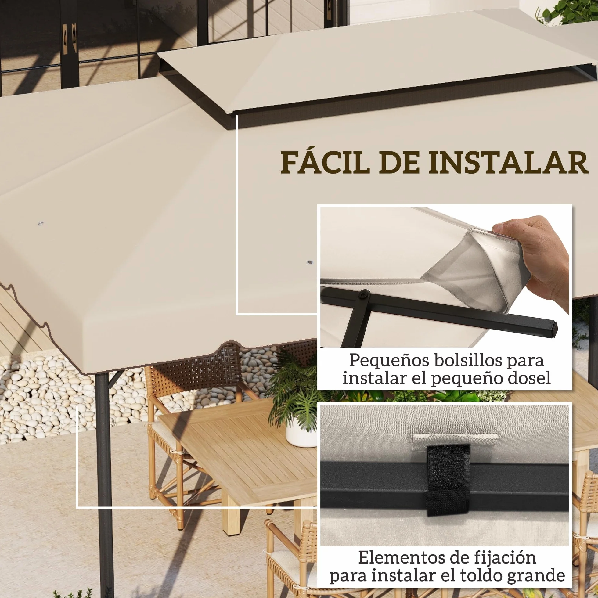 Outsunny Techo de Repuesto para Cenador, 4x3 m, Cubierta de Repuesto con Doble Techo, 8 Orificios de Drenaje, Solo Toldo de Recambio para Pabellón Gazebo, Beige