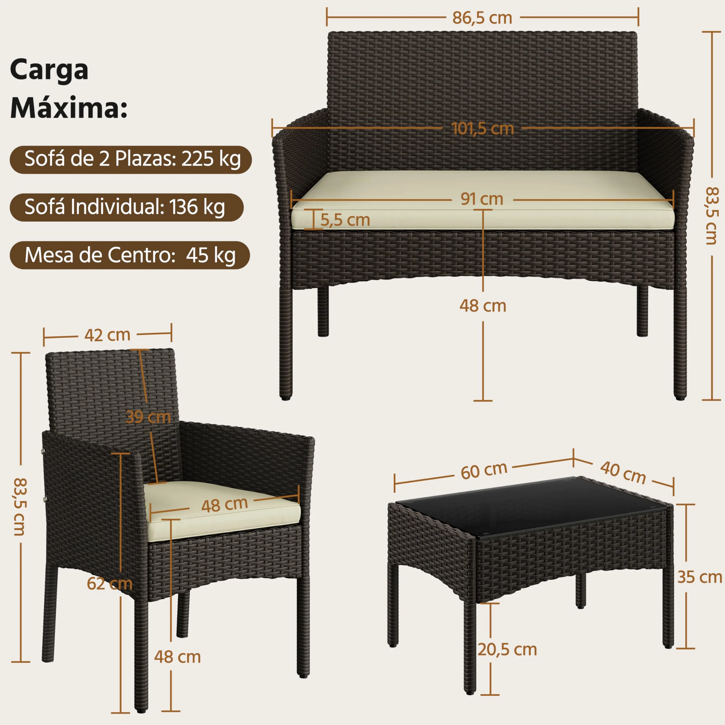 Yaheetech Conjunto de Muebles Ratán de Jardín 4 Piezas con Cojines y Mesa de Vidrio Marrón Beige