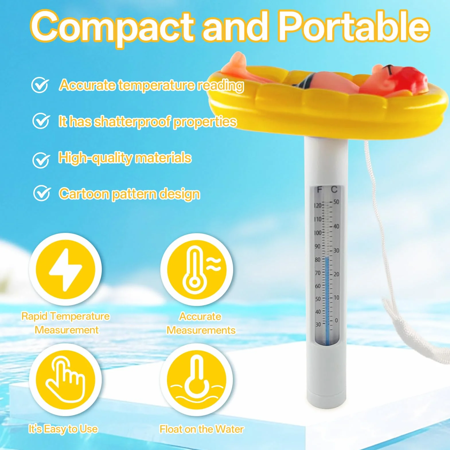 Termómetro de Piscina Flotante con Cuerda para Piscinas, Spas, Bañera