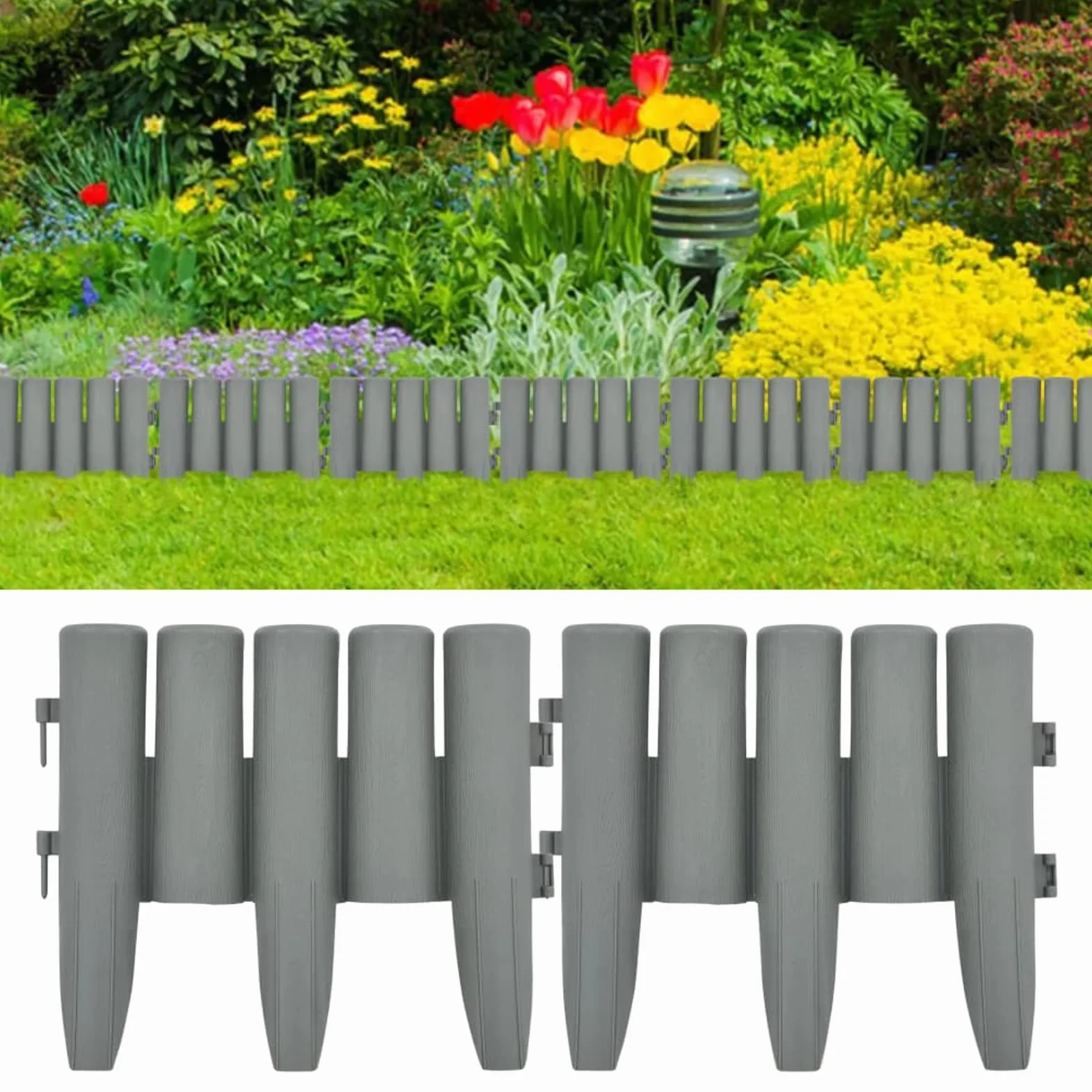 Gecheer Bordes de Jardín con Diseño de Troncos - 10m x 23,5cm, Material PP, Fácil Instalación