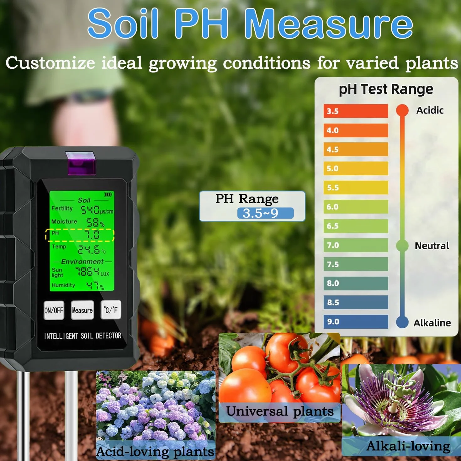 Medidor de Suelo 6 en 1 pH Humedad Temperatura Luz Solar Doble Sonda Pantalla LCD