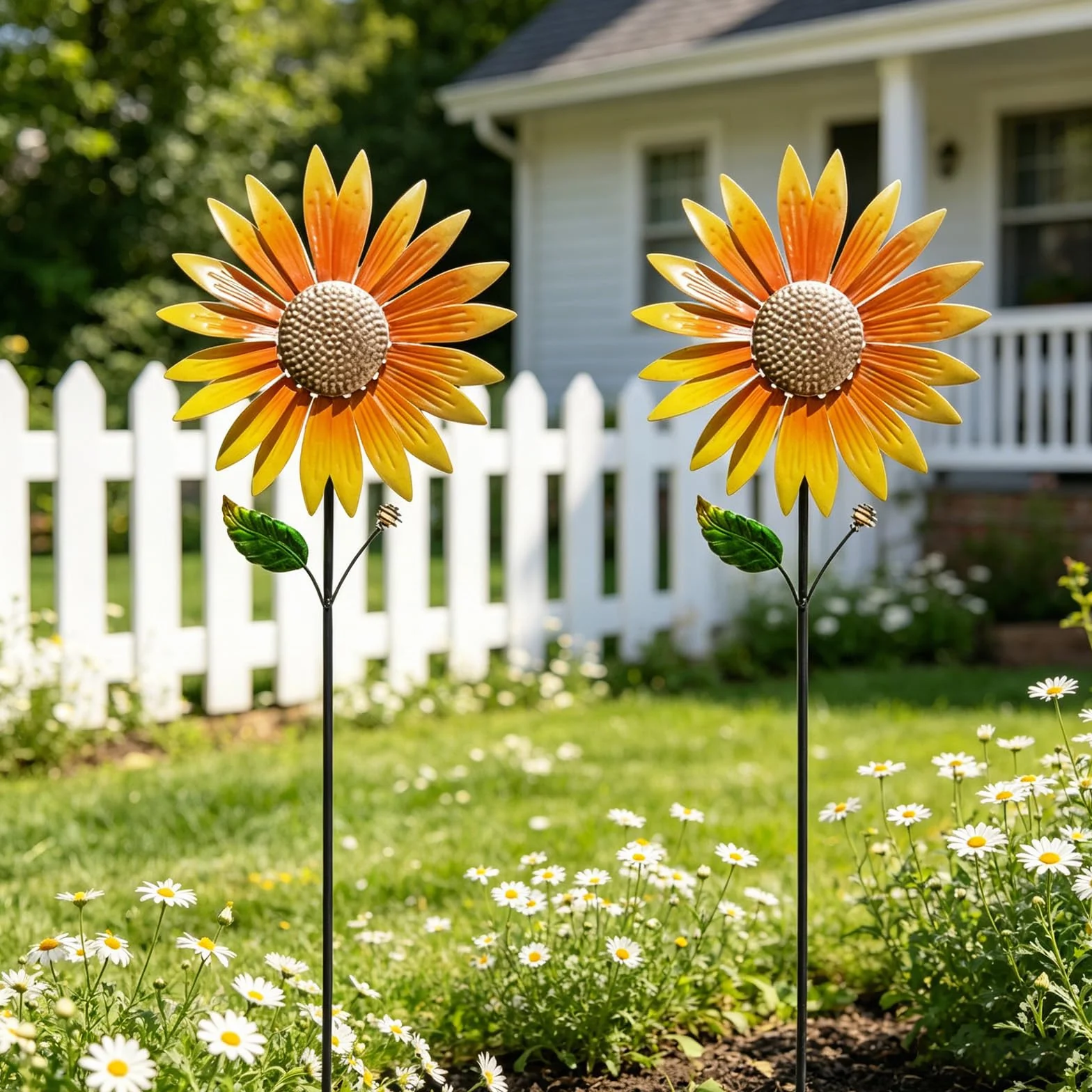 Molino de Viento de Girasol, 2 Piezas, Metal, Adornos de Jardín, Estacas Decorativas