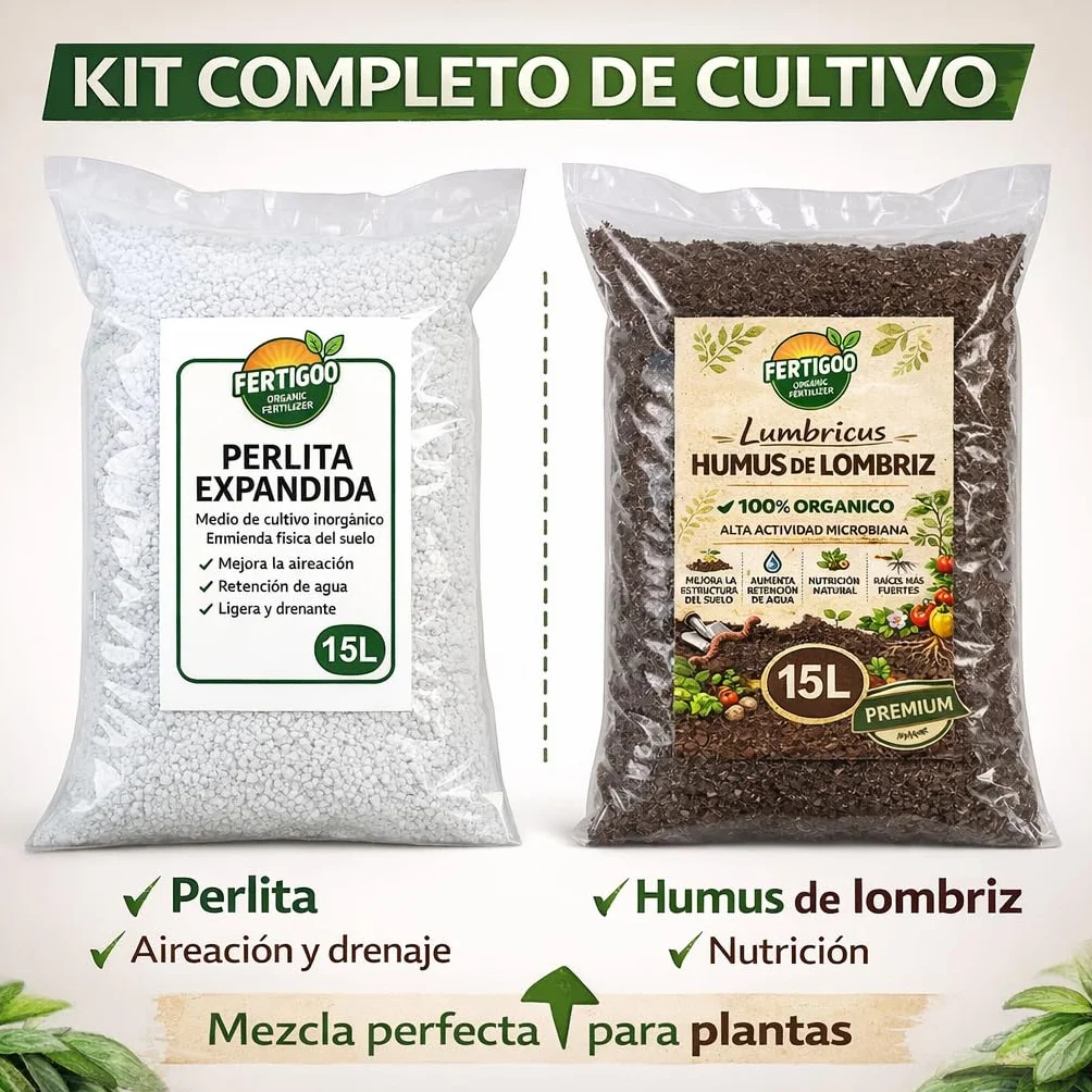 Fertigoo® Perlita 15L + Humus de Lombriz 15L | Aireación y Drenaje + Abono Orgánico | Ideal para Huerto, Macetas y Plantas Kit Profesional Completo 30L