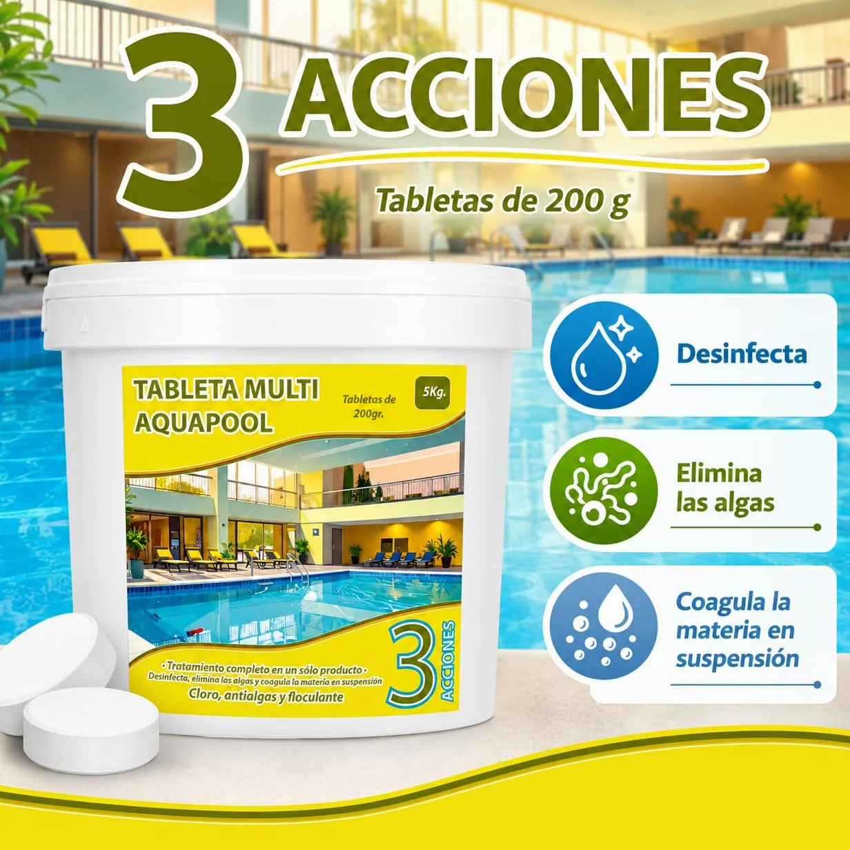 Pastillas de Cloro multifunción 200 Gramos 3 acciones 5 KG - Apto para Liner no Contiene Cobre