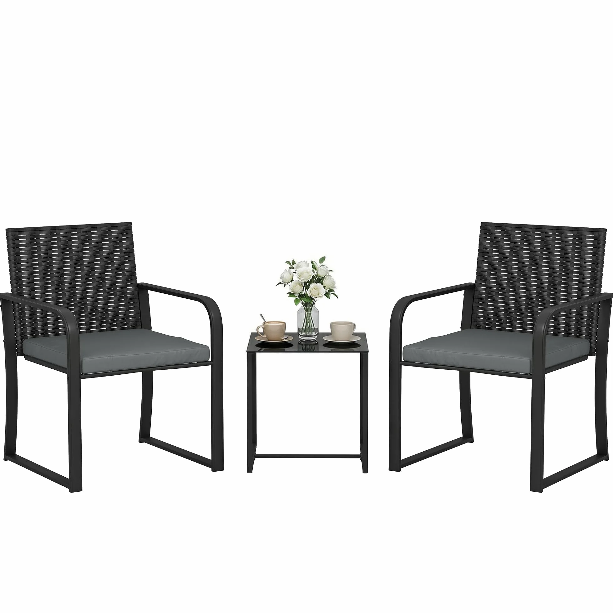 Outsunny Conjunto de Jardín Exterior de 3 Piezas, Muebles de Ratán con Sillas y Mesa de Vidrio Templado, Gris