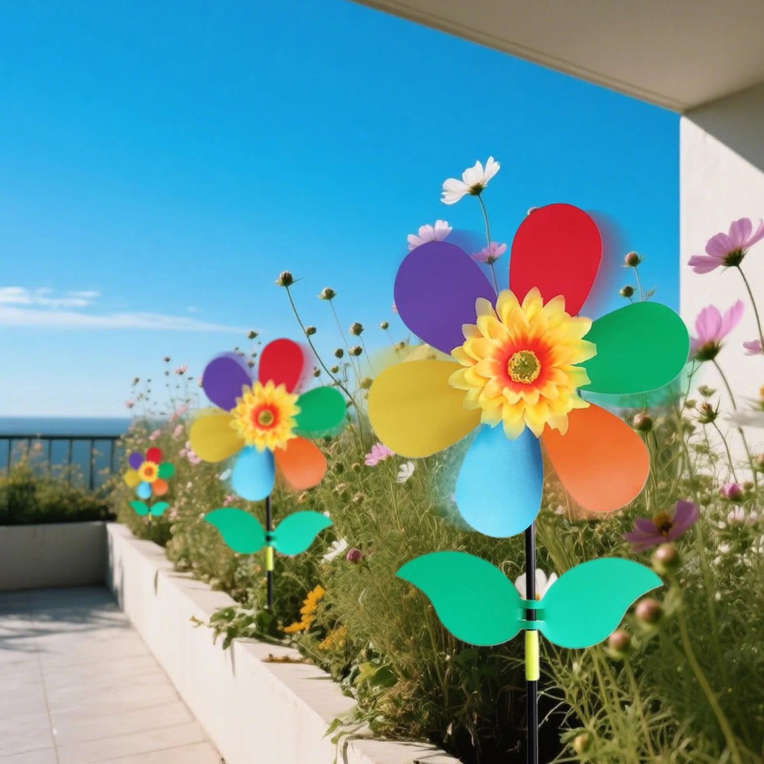 Girasol giratorio para patio y jardín, molinillos de viento al aire libre, girasol, molino de viento, adorno de estaca impermeable, decoración para patio, puerta delantera, niños y exteriores