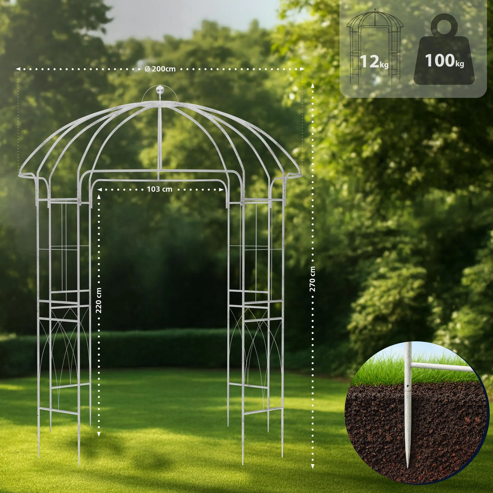 Pérgola de jardín Keira Arco con celosía 270x200 cm Acero con Recubrimiento Blanco Envejecido