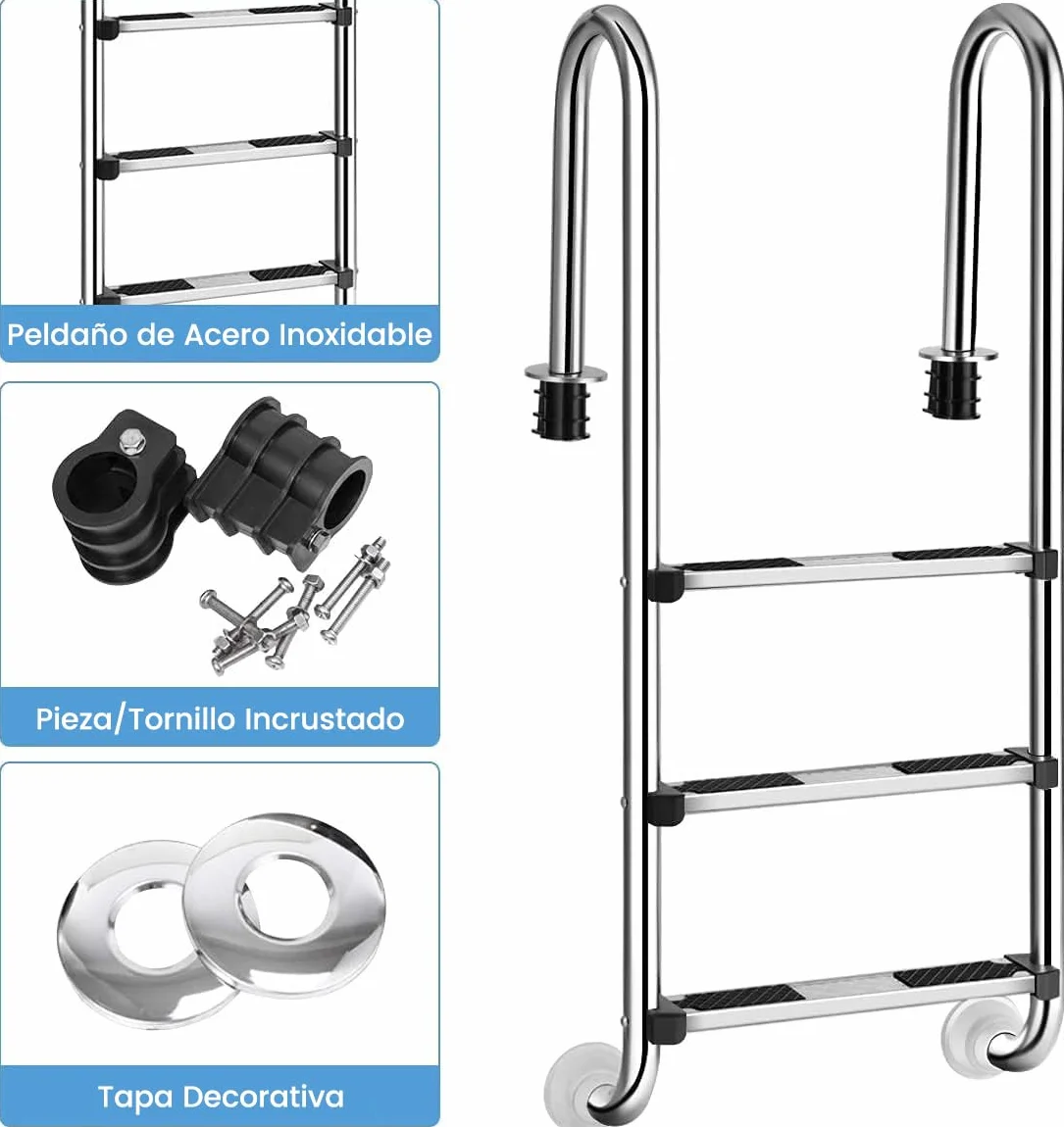 RELAX4LIFE Escalera de Piscina Acero Inoxidable 3 Peldaños Antideslizantes Desmontable 150kg 55x25x132,5cm