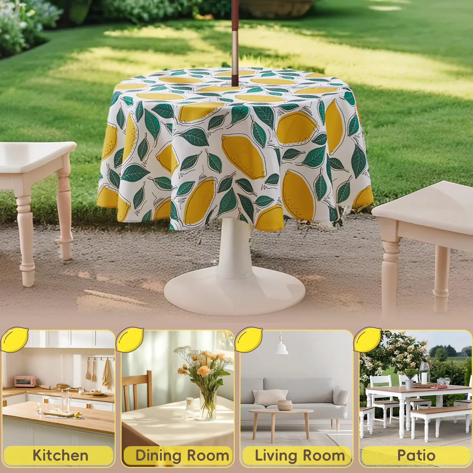 SUCHDECO Mantel redondo para exteriores 150 cm impermeable floral con agujero para sombrilla y cremallera lavable amarillo limón