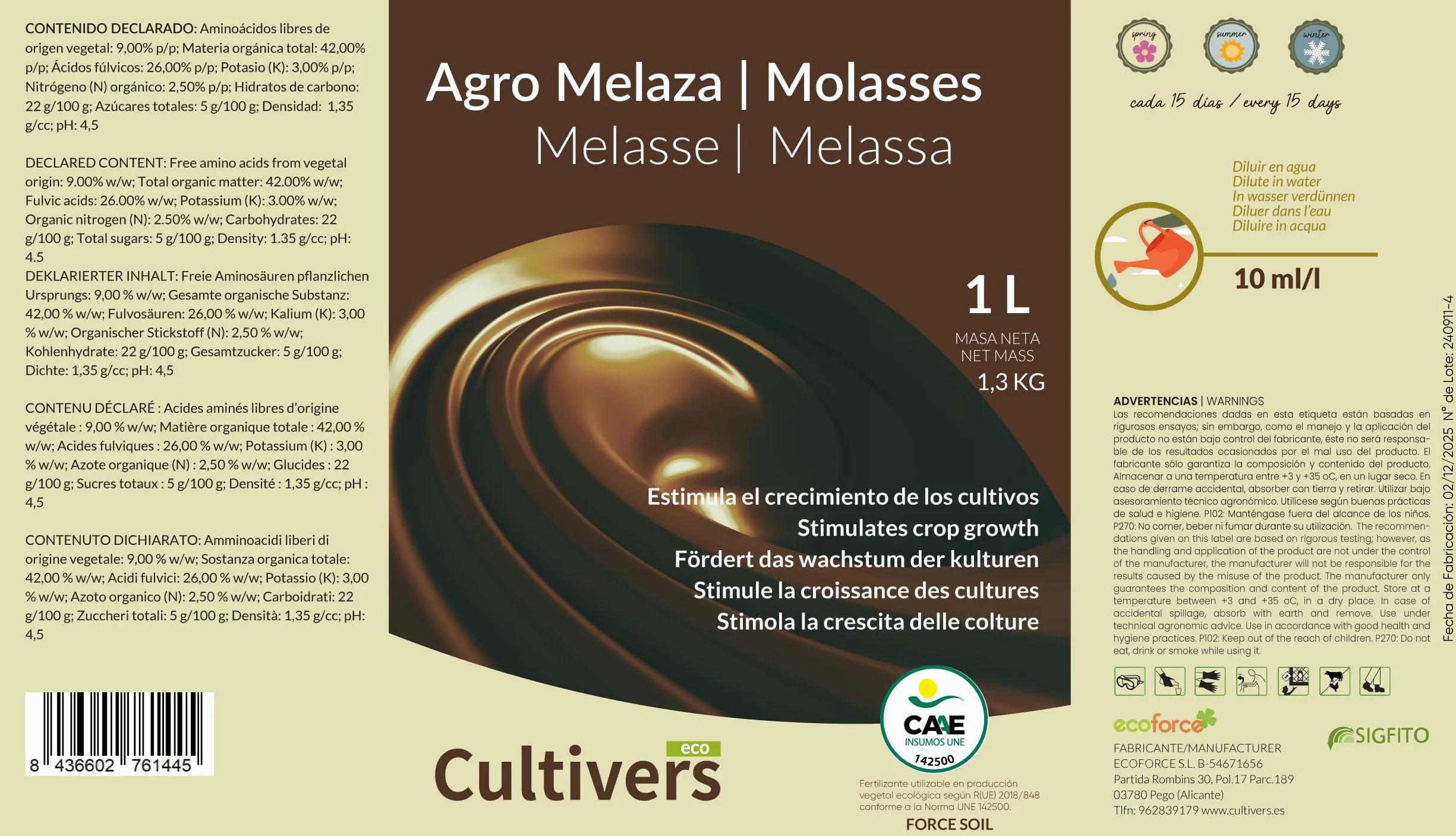 CULTIVERS Melaza Ecológica 1,4 kg (1 L) para Plantas, Fertilidad del Suelo