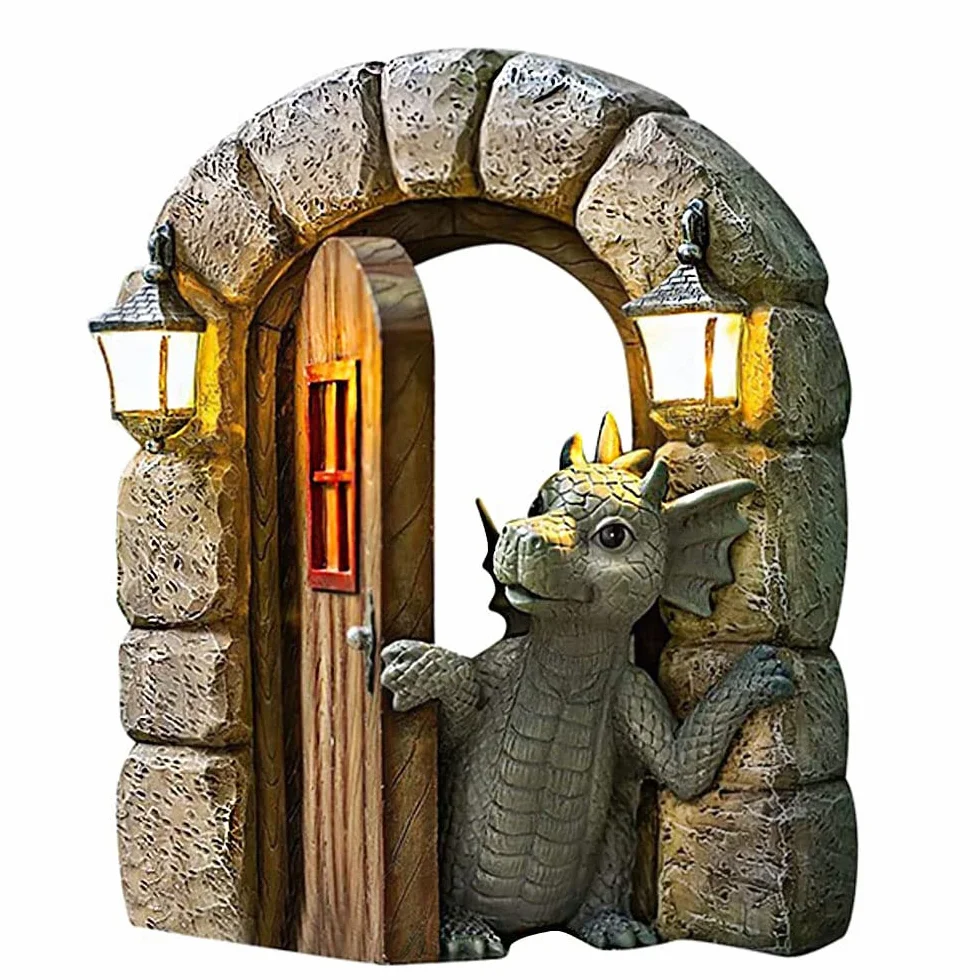 Guidre Estatua de Dragón Decorativa de Resina para Jardín, Adorno Colgante de Dinosaurio Open Door