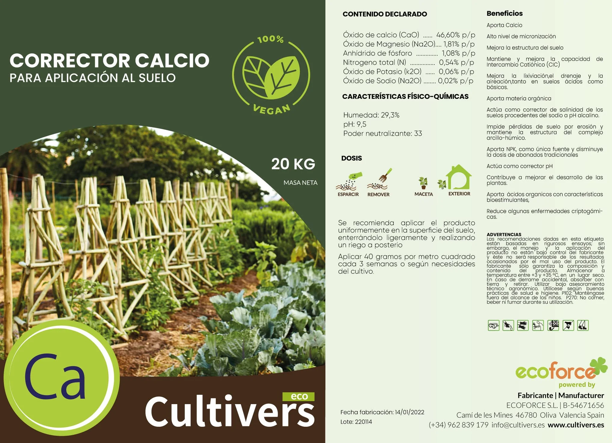 CULTIVERS Corrector de Calcio 20 kg Ecológico Vegano para Plantas