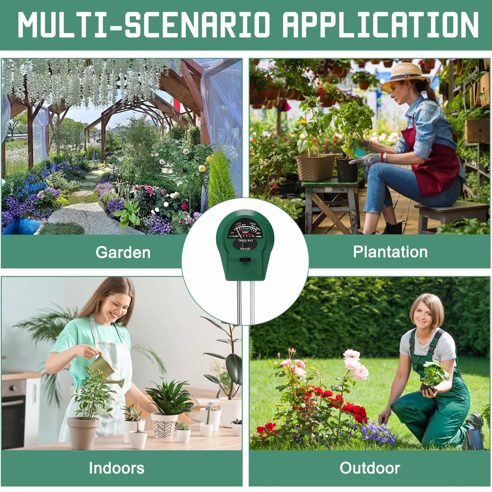 Medidor PH Tierra y Humedad Plantas, 3-en-1 Analizador de Suelo para Jardín, Sensor Verde Riego con Medición Fertilidad