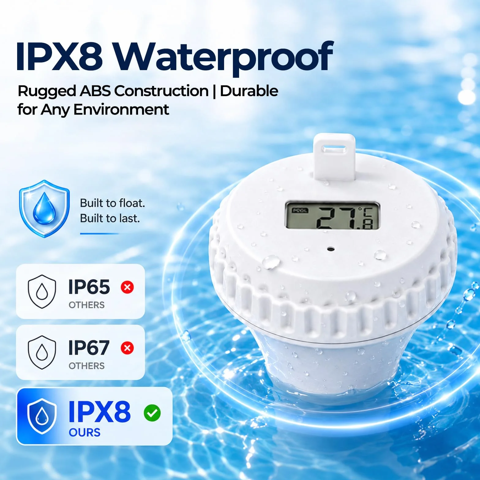 Termómetro de Piscina Inalámbrico 150m Sensor Flotante IPX8 Impermeable Monitor Interior Medición Tiempo Real