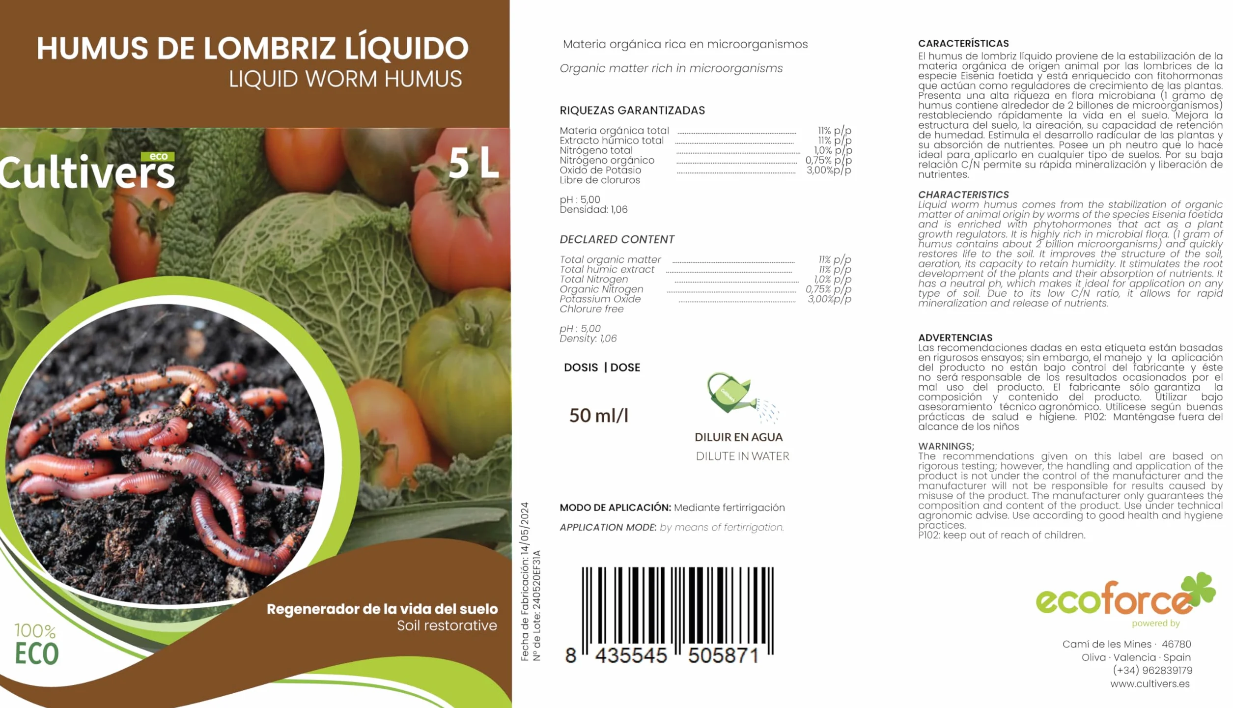 CULTIVERS Humus Líquido de Lombriz Ecológico 5 L Regenerador Suelo