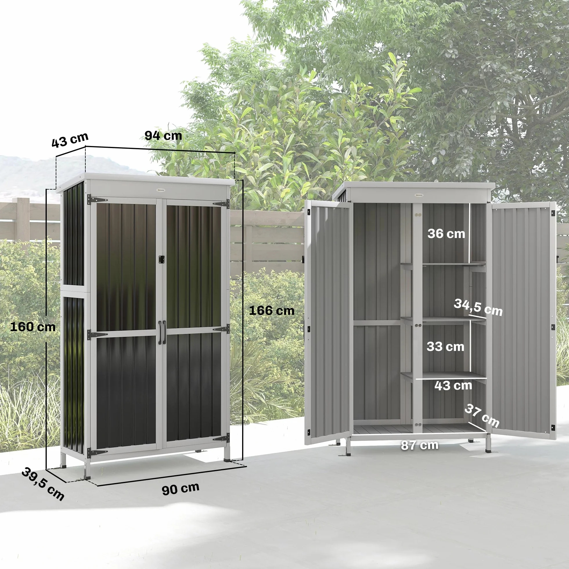 Outsunny Caseta de Jardín Madera Acero 94x43x166 cm Cobertizo Exterior Armario Herramientas 2 Puertas Estantes Ajustables Techo Impermeable Negro