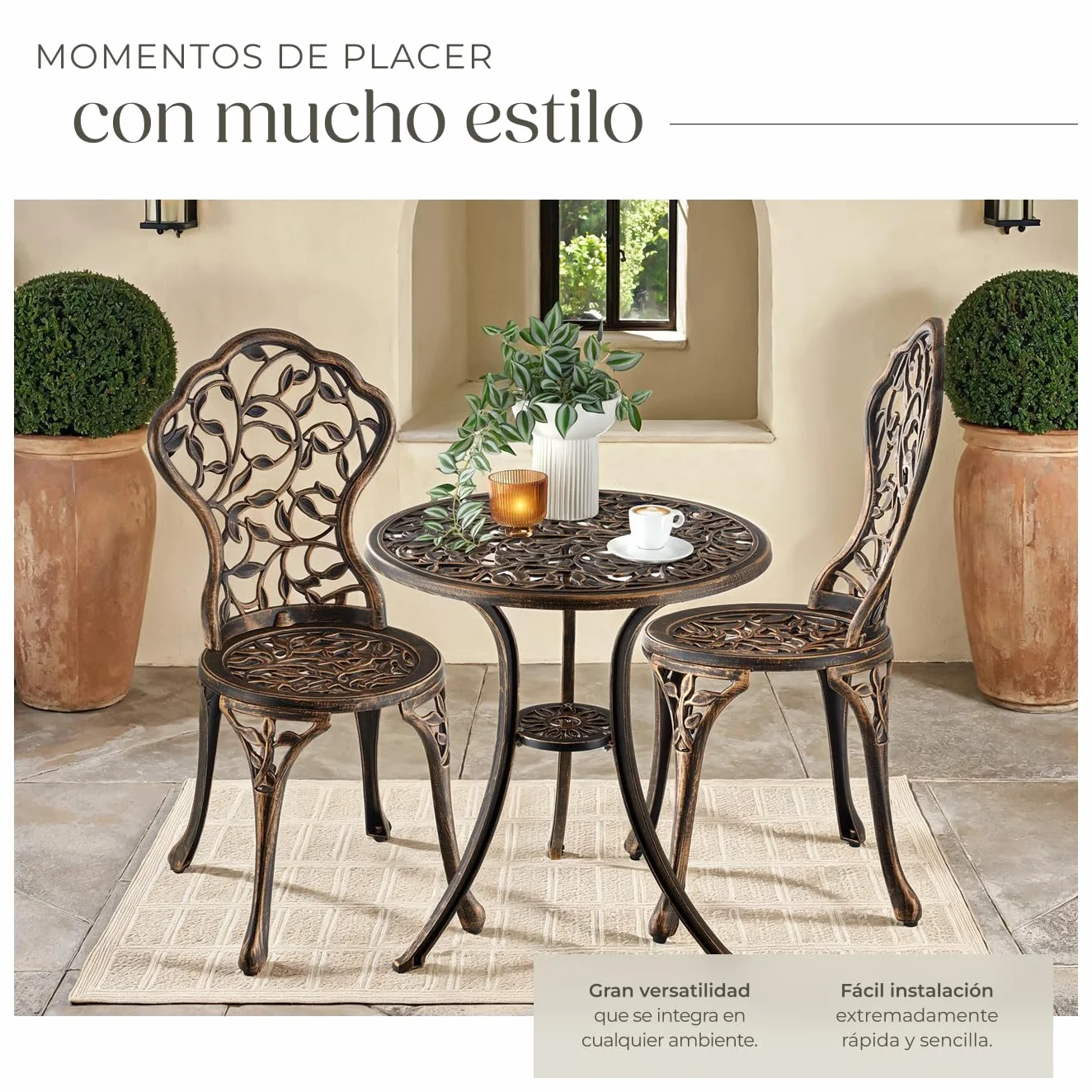 tectake® Juego de Bistró 3 Piezas, Sillas Jardín Exterior y Mesa Retro, Conjunto Terraza