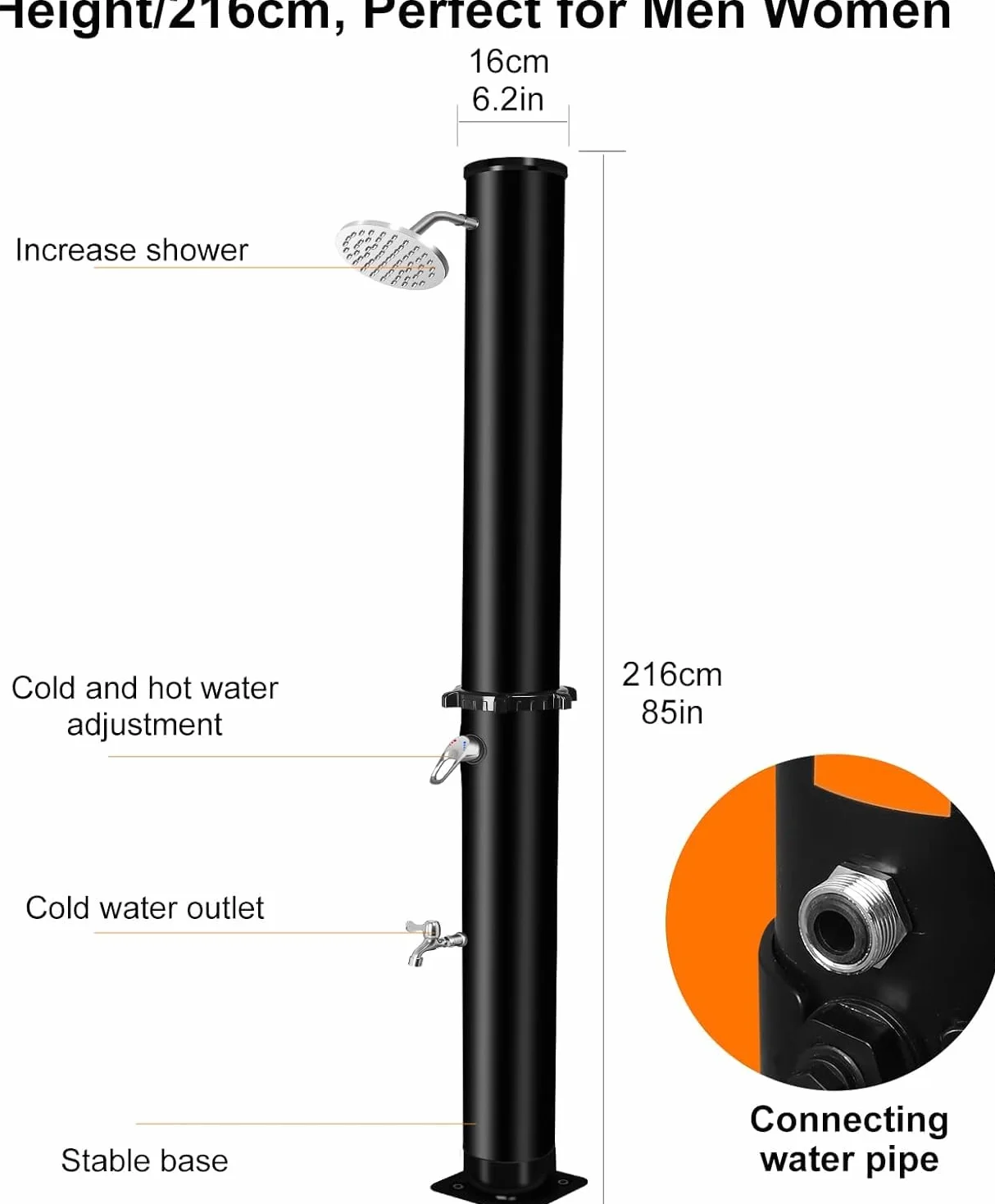 Ducha Solar Exterior 40L con Regulador Agua Caliente Fría, 216 cm, Máx 60℃