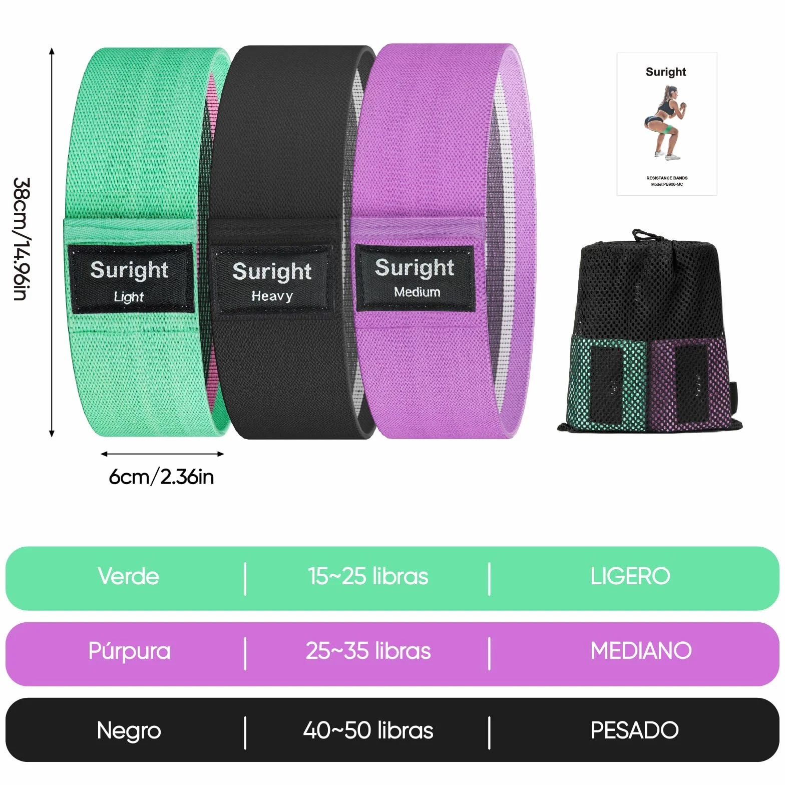 Suright Bandas Elasticas Musculacion Antideslizantes de Tela 3 Niveles para Gluteos, Cadera, Piernas