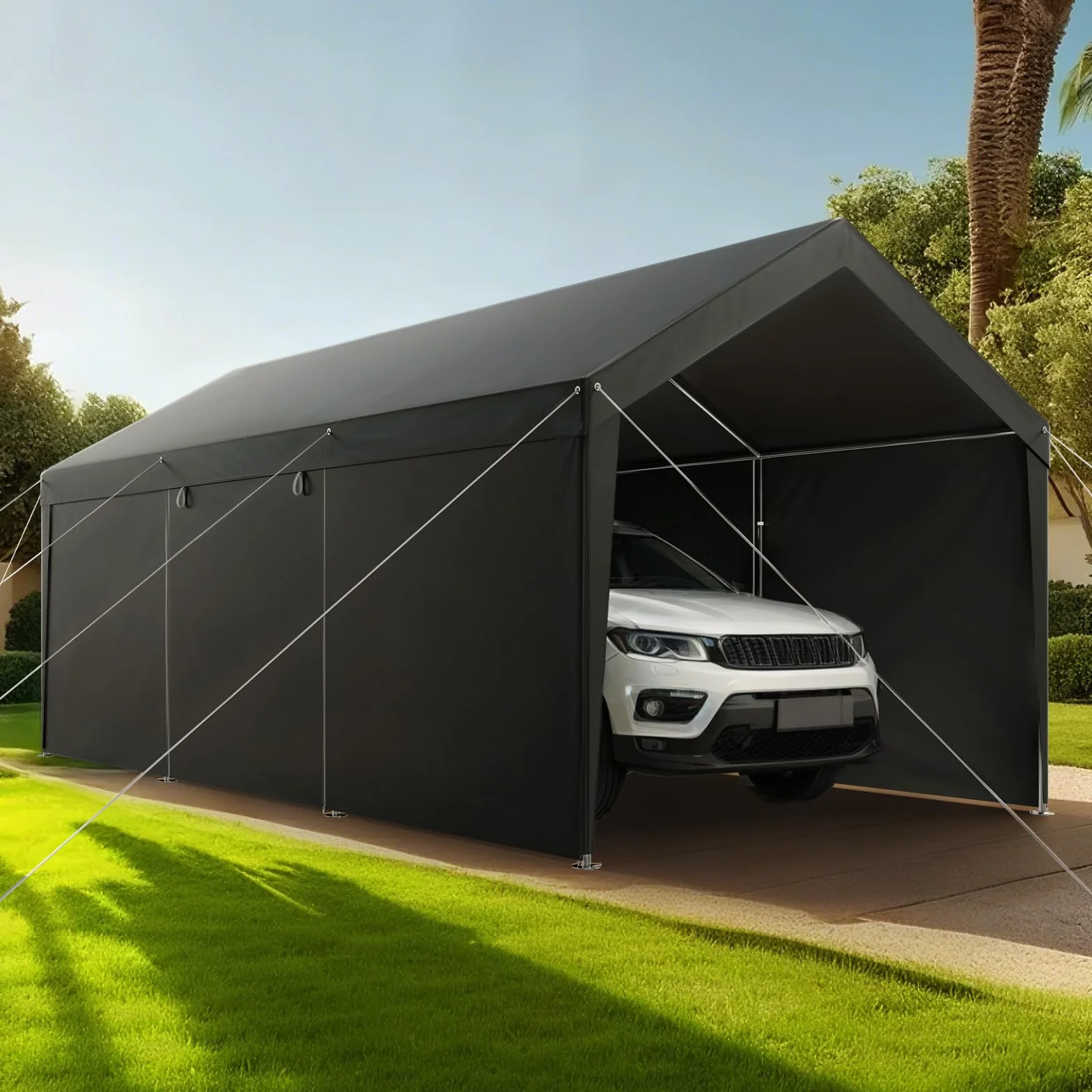VEVOR Cochera 3,65 x 6,09 x 3,02 m Paredes Laterales Puerta Desmontables Resistente UV Agua Gris