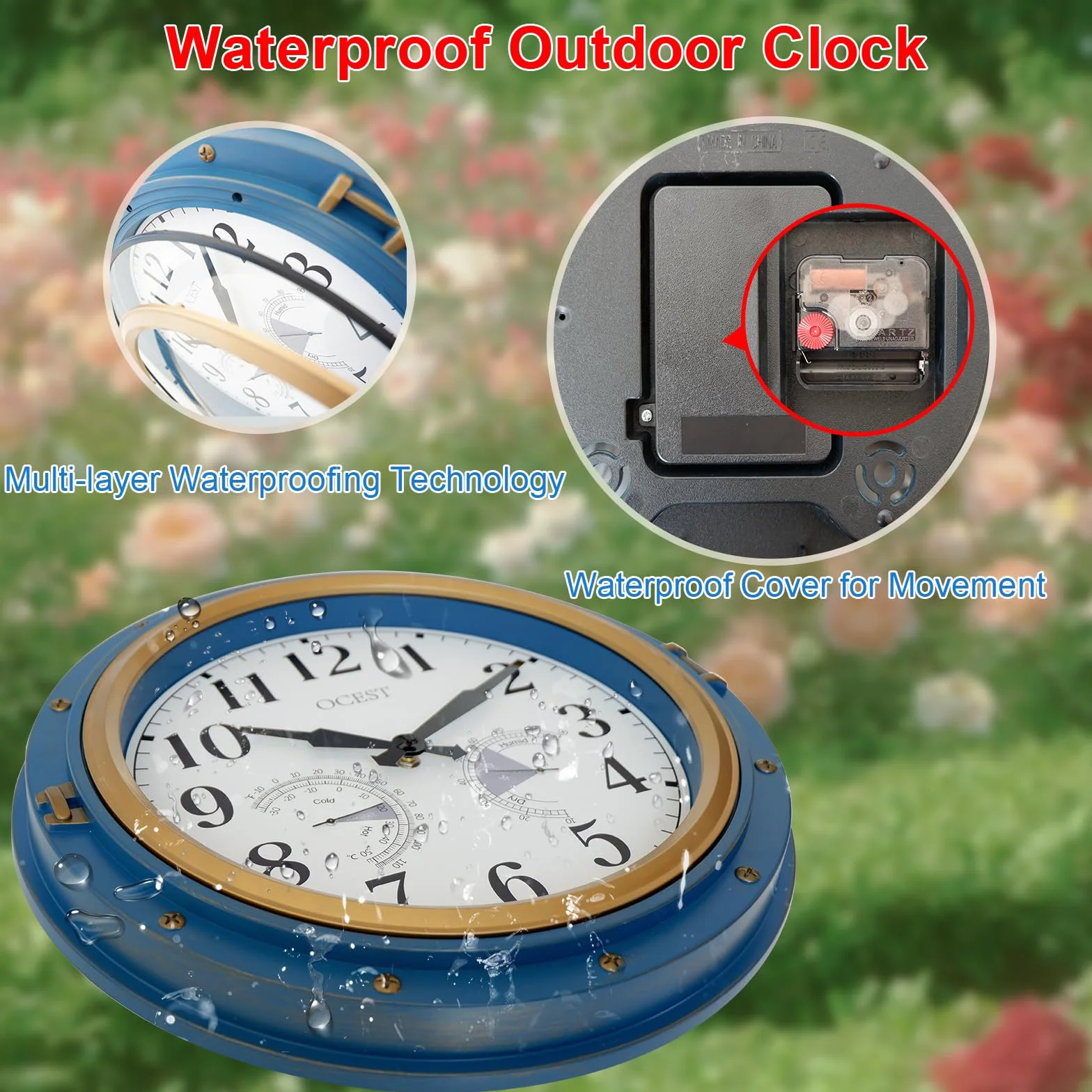 OCEST Reloj de jardín 16 pulgadas impermeable exterior termómetro higrómetro retro