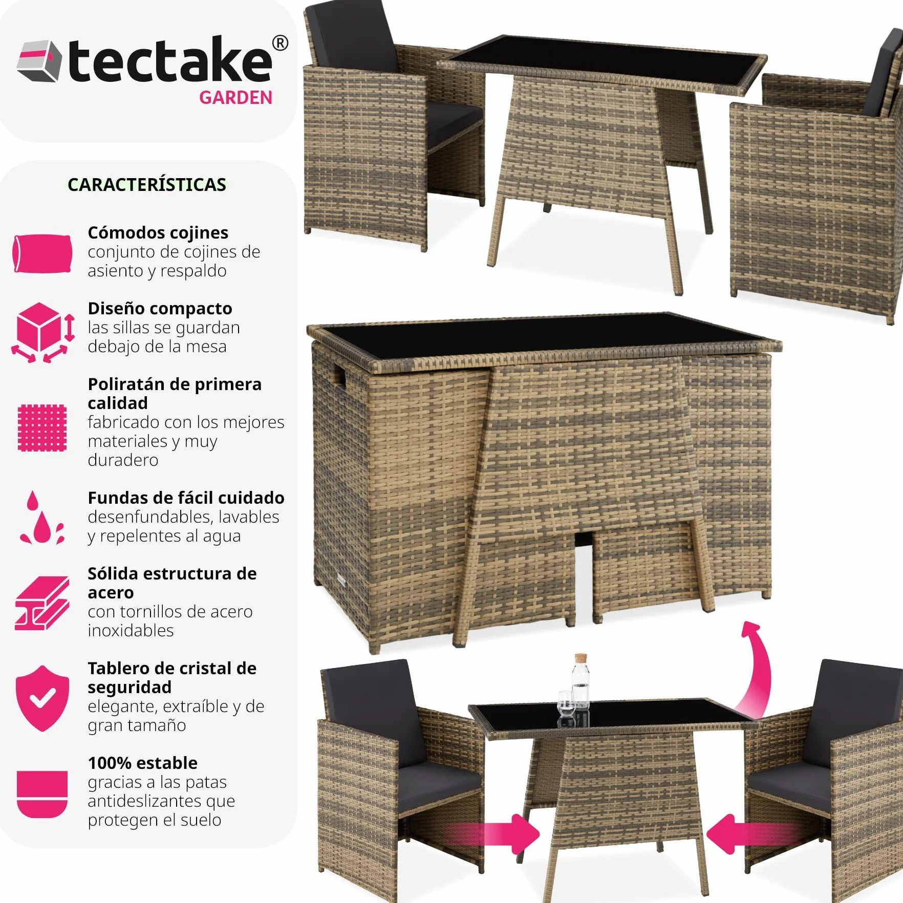 tectake Conjunto Jardín Exterior Ratán Aluminio 2 Sillas Cojines Mesa Cristal Apilable