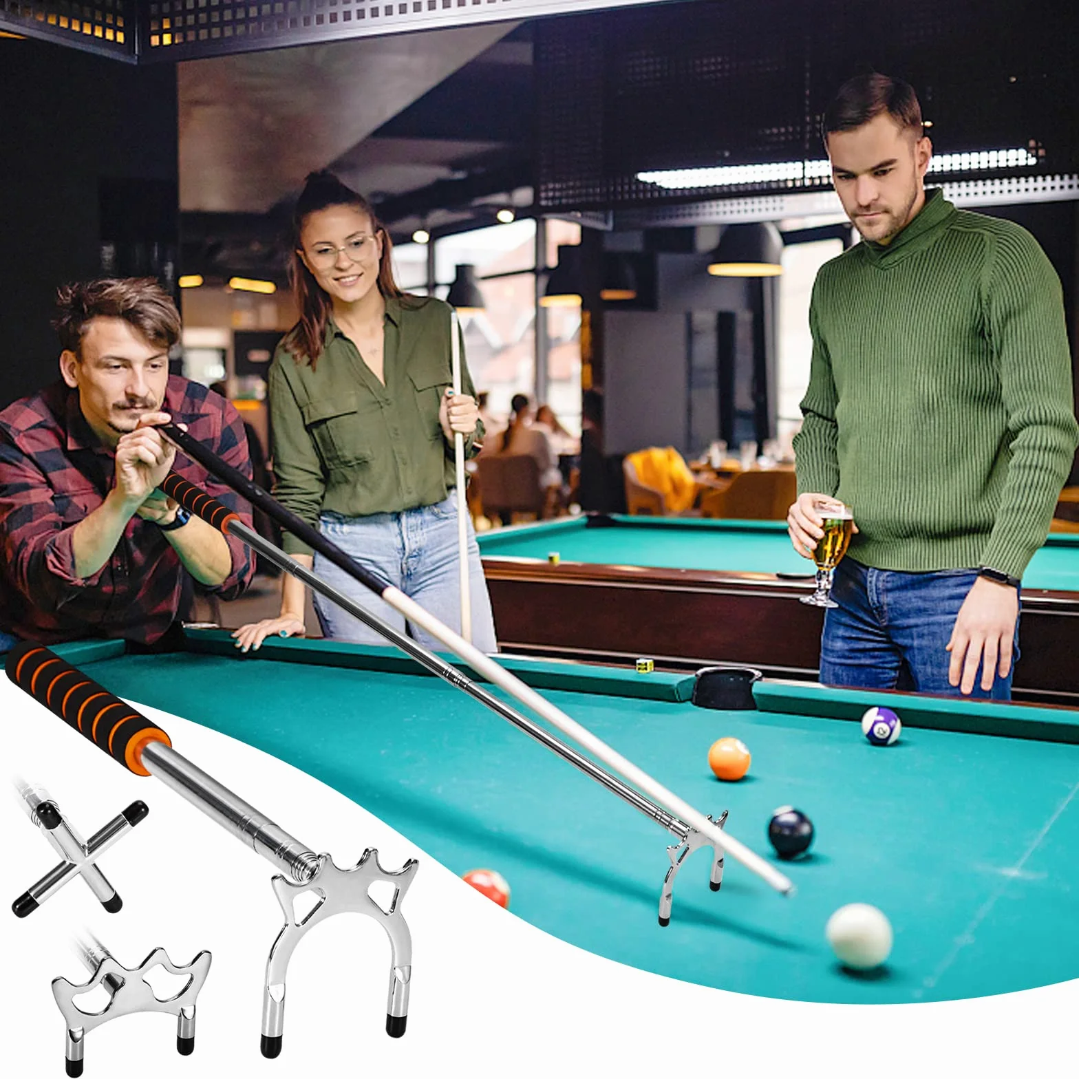 Taco de billar retráctil 3 piezas latón desmontable puente cabeza accesorio mesa snooker competición