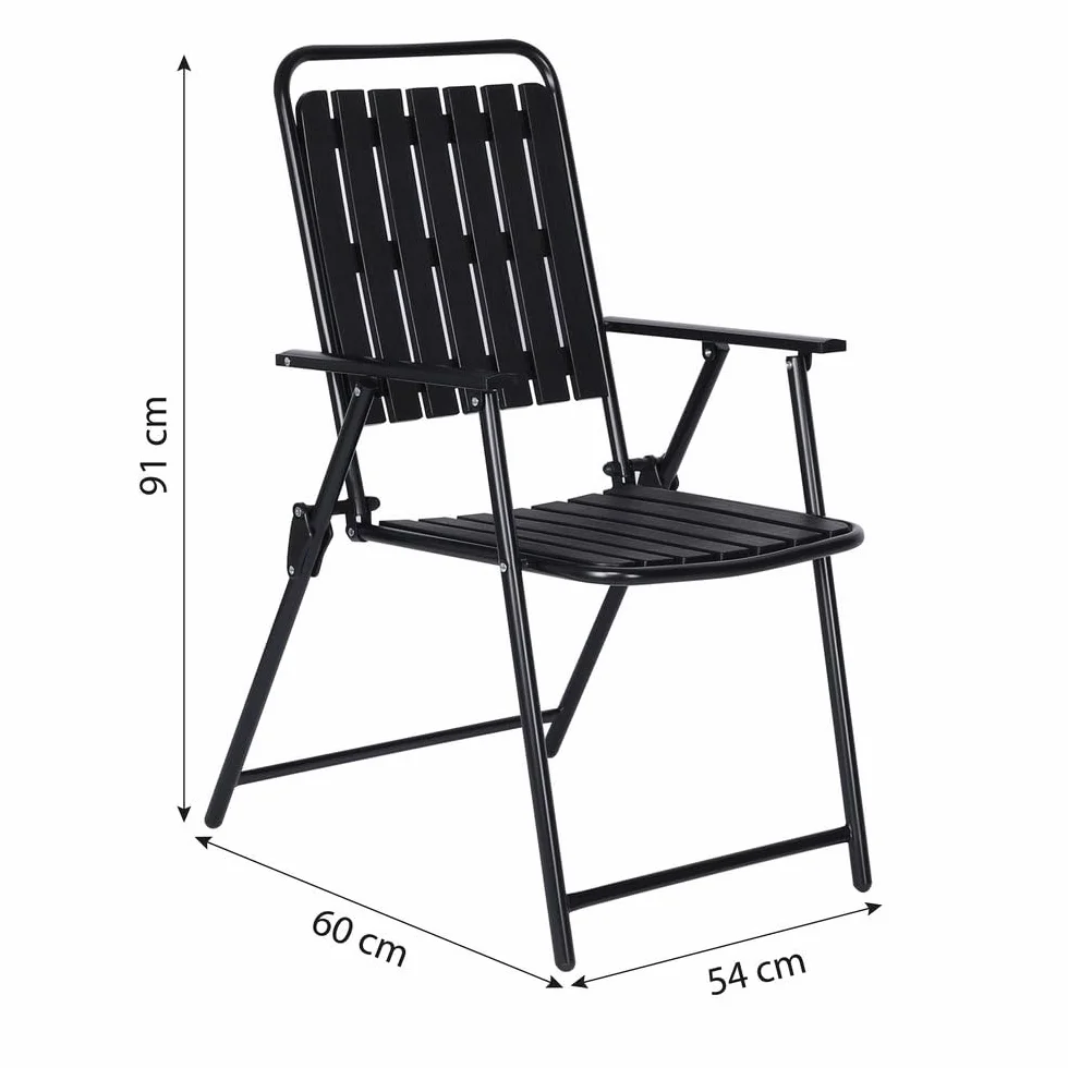 Monty Set de Jardín Bistro 3 Piezas Mesa 60cm 2 Sillas Plegables Negras Acero Polipropileno Cristal Templado