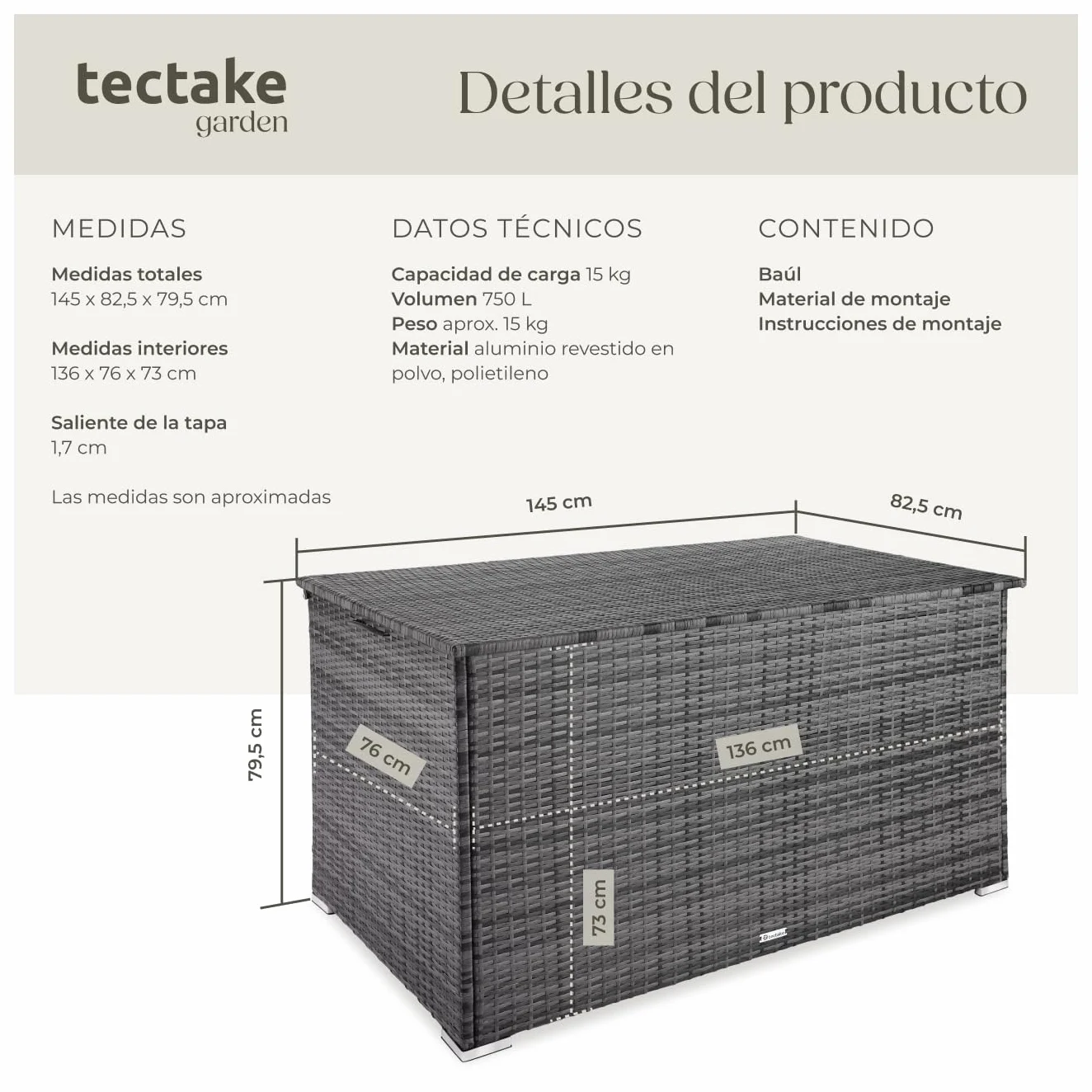 Tectake Baúl de Almacenaje Exterior 750 l, Arcón de Poli Ratán Resistente, Cofre para Jardín Terraza - Gris