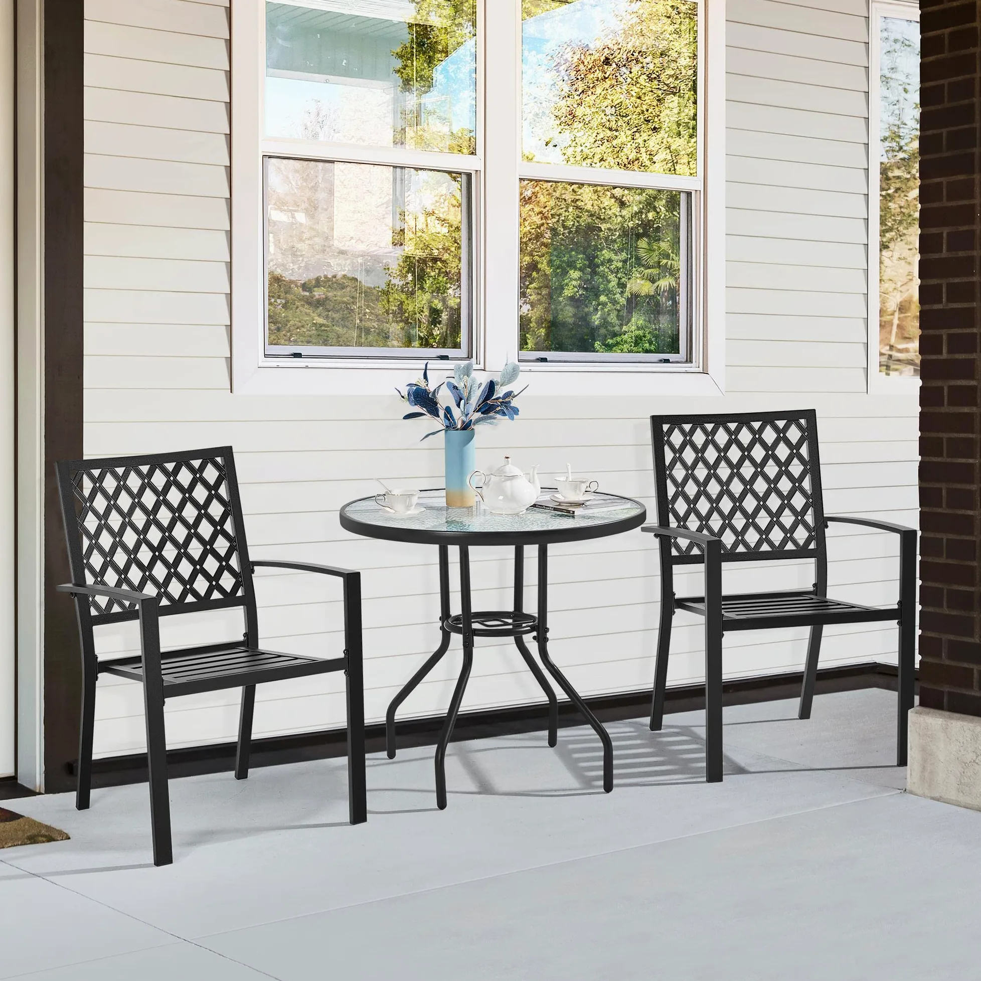 Yaheetech Mesa de Jardín 70cm de Diámetro Redonda de Vidrio Alto 73cm Negro | Vidrio Templado, con Orificio, Marco Duradero, Soporte Estable, Capacidad 45 kg, para Terraza/Jardín/Cafetería/Restaurante