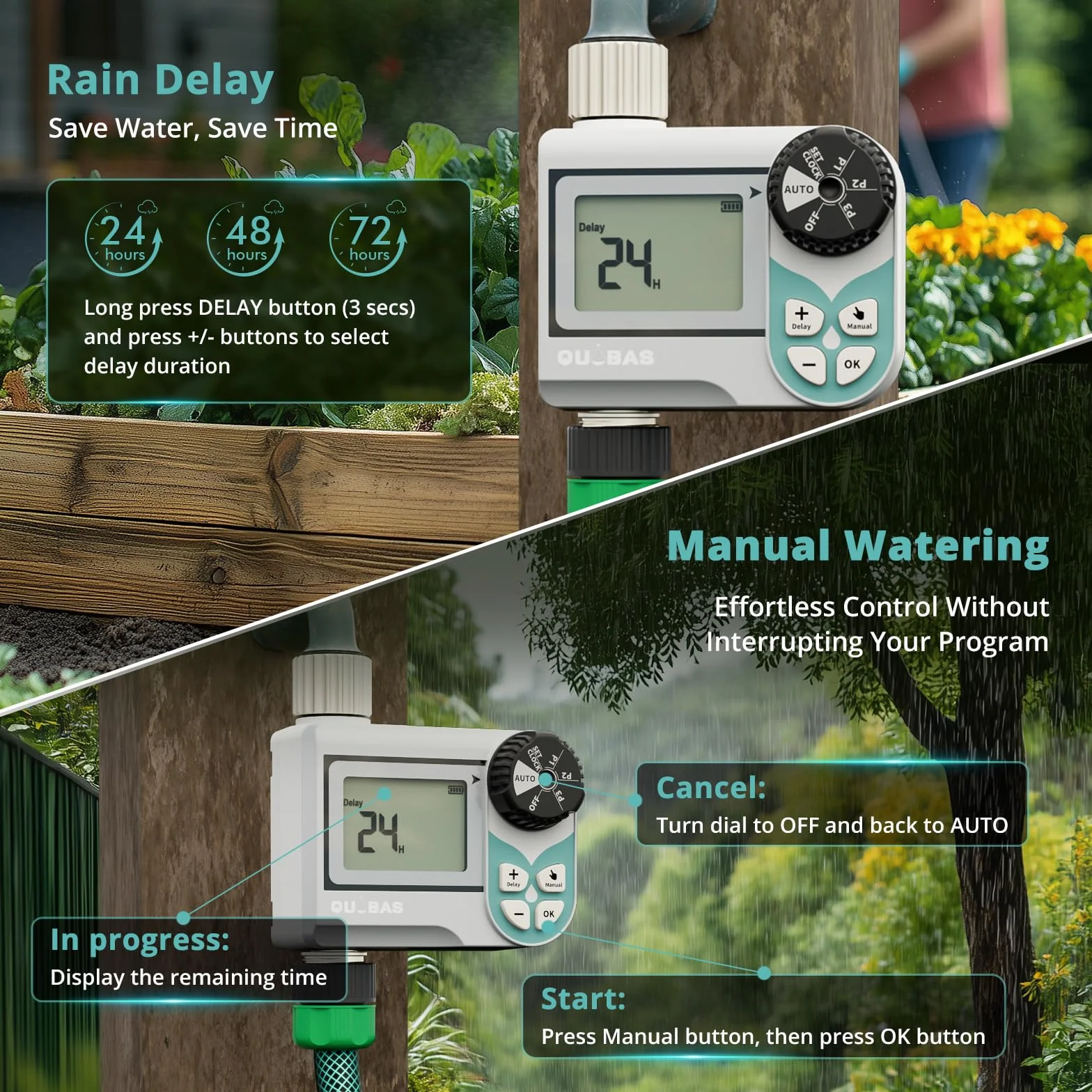 QUOBAS Temporizador de agua de baja presión, temporizador semanal programable con entrada y salida de latón para barril de lluvia, manguera de jardín, con válvula de bola y pantalla impermeable