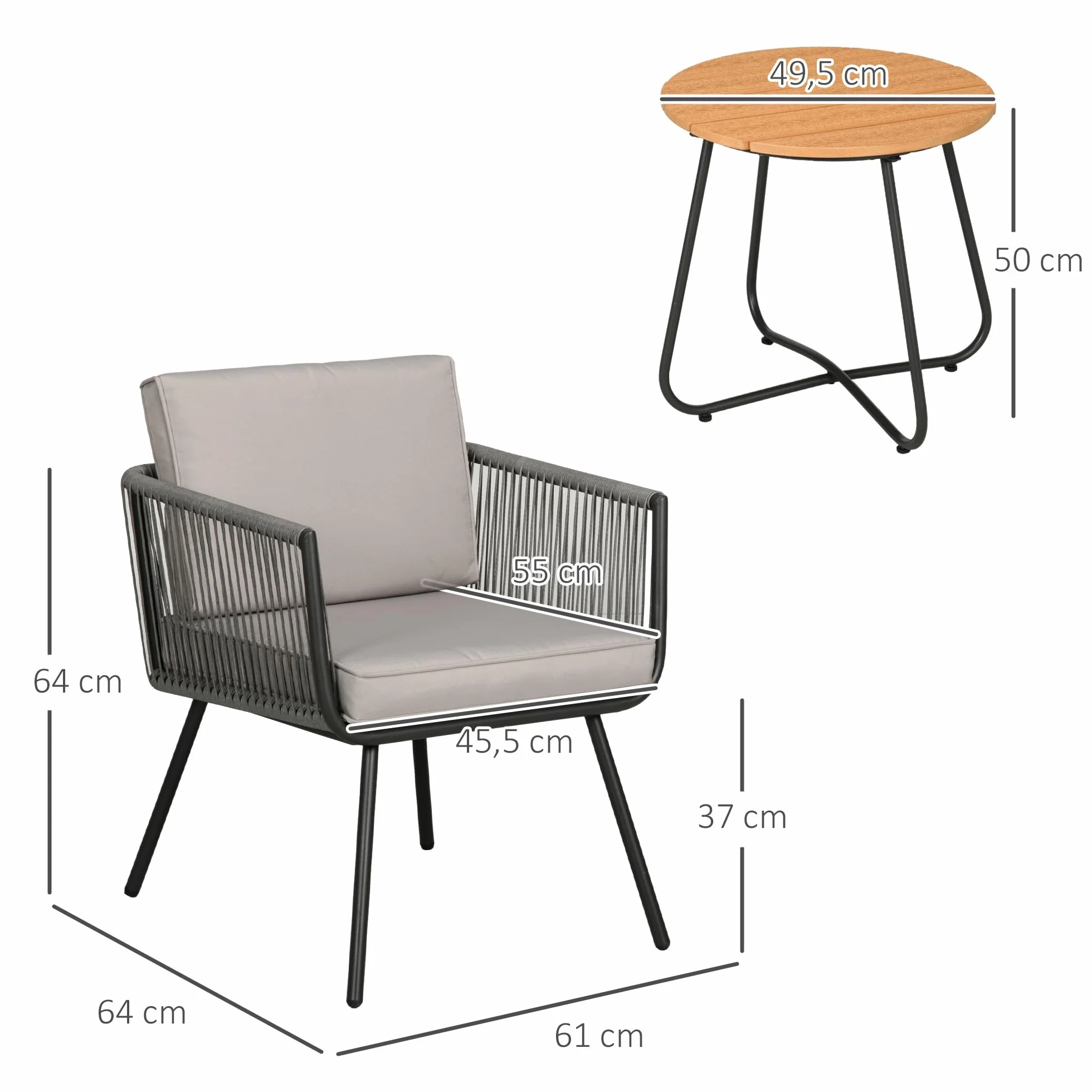 Outsunny Conjunto de Muebles de Jardín Ratán Sintético 3 Piezas Mesa y 2 Sillas con Cojines Extraíbles Gris