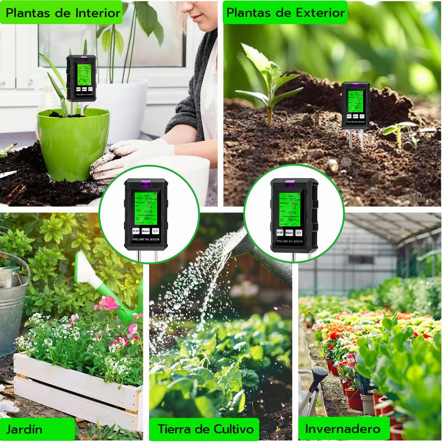 Wigearss Medidor de Suelo 6 en 1, Medidor de Fertilidad del Suelo/Luz Solar/Humedad Ambiental/pH/Temperatura con Pantalla LCD