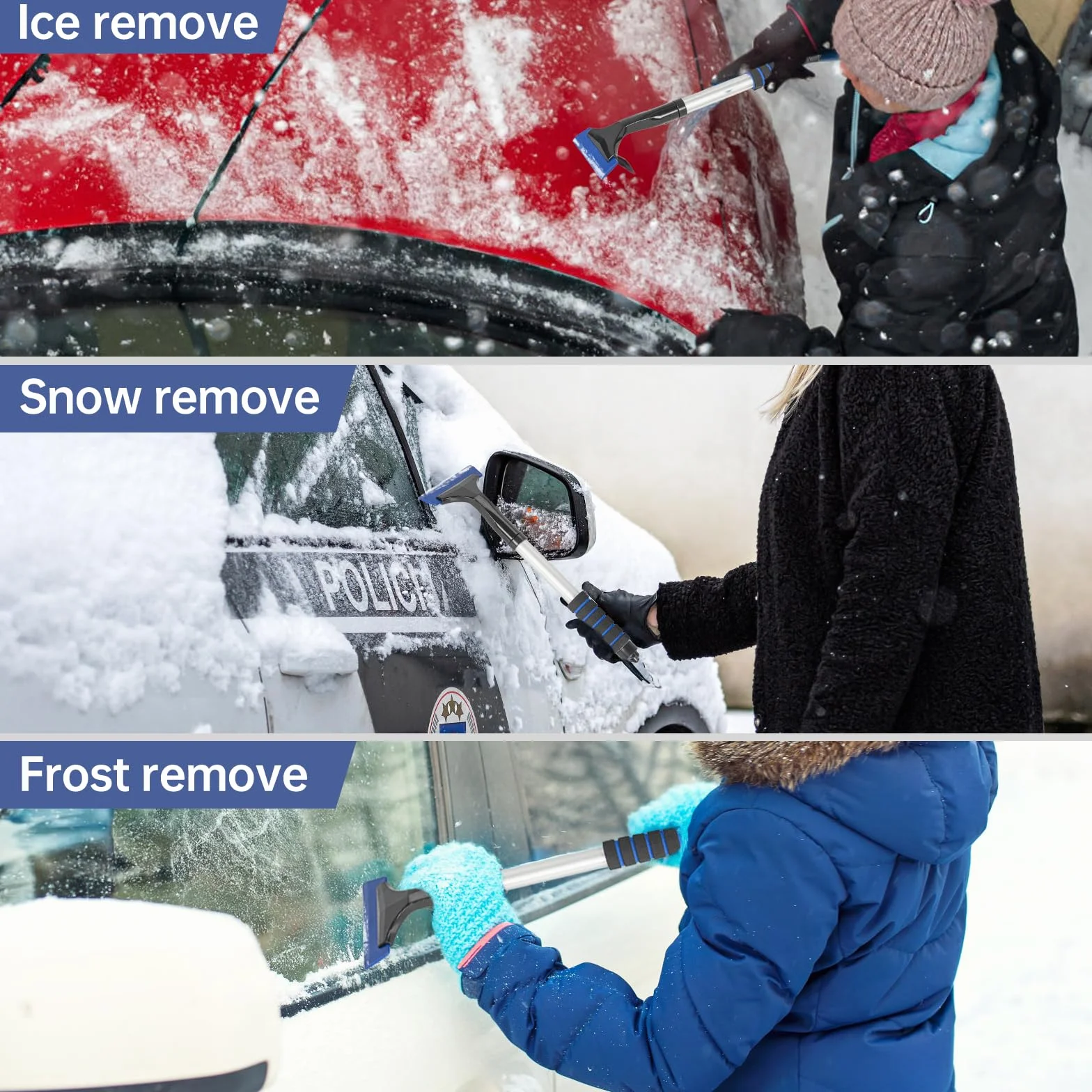 Pala telescópica de emergencia para nieve de aluminio, 21.2-32.3 pulgadas, plegable, con raspador de hielo y bolsa
