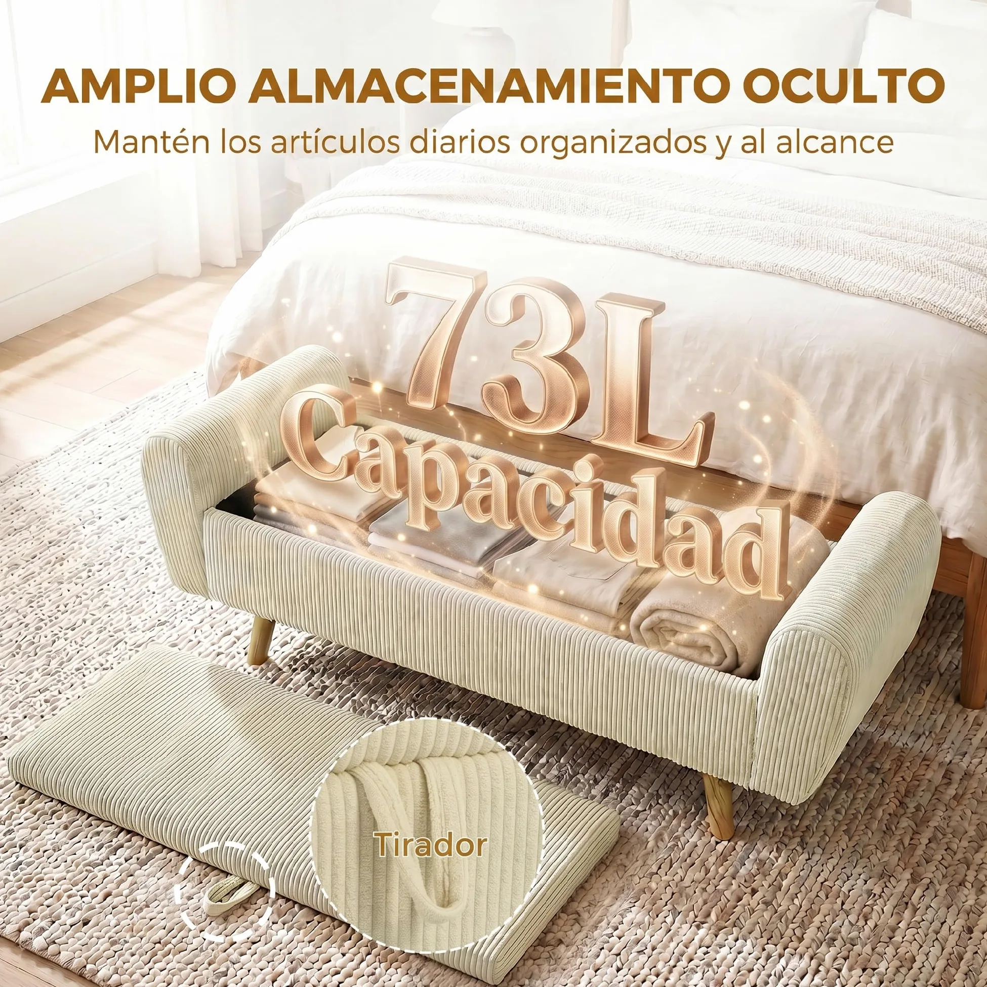 HOMCOM Banco Almacenaje 150 cm Puff Almacenaje Tapizado en Pana Beige | Banco Pie de Cama, Brazos Redondeados, Patas de Madera, Otomana para Dormitorio, Salón, Recibidor