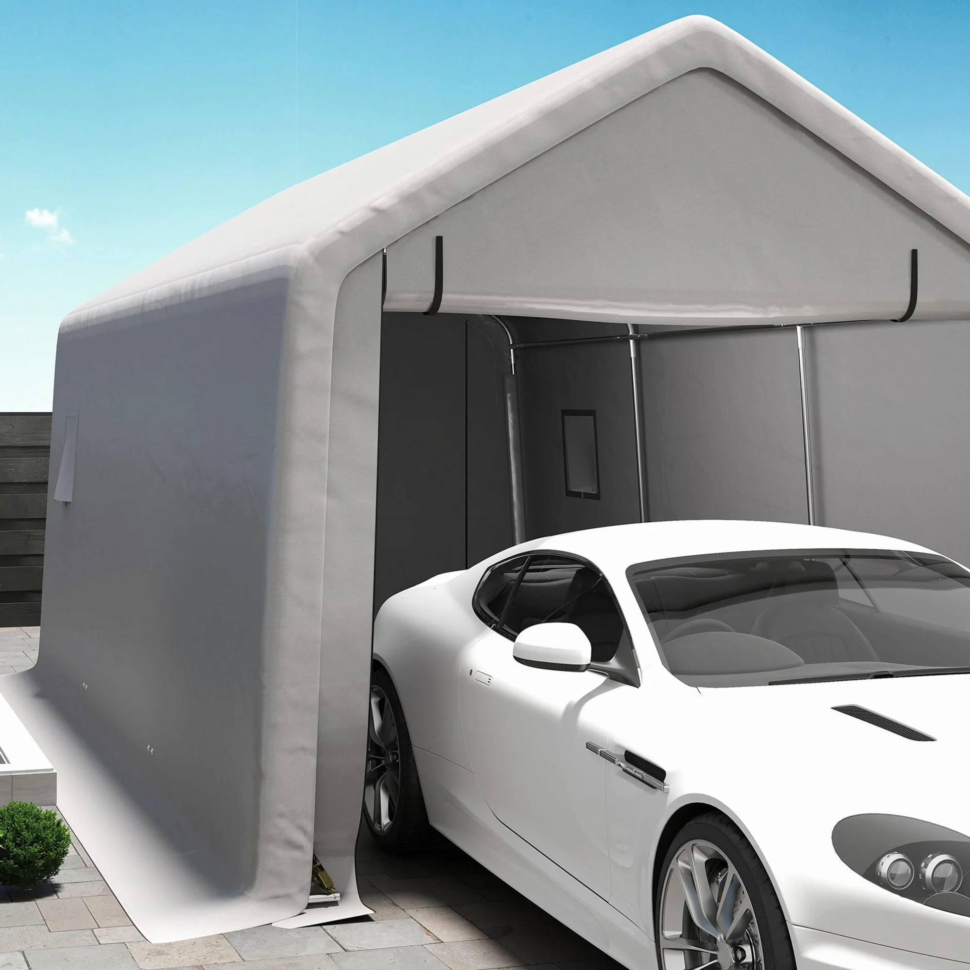 Outsunny Carport 3 x 5,2 m Cobertizo para Coche Exterior con Puerta Enrollable Gris