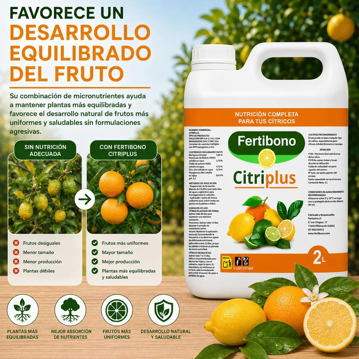 Fertibono CitriPlus Abono Cítricos 2L Rico en Hierro Zinc Magnesio NPK Ecológico
