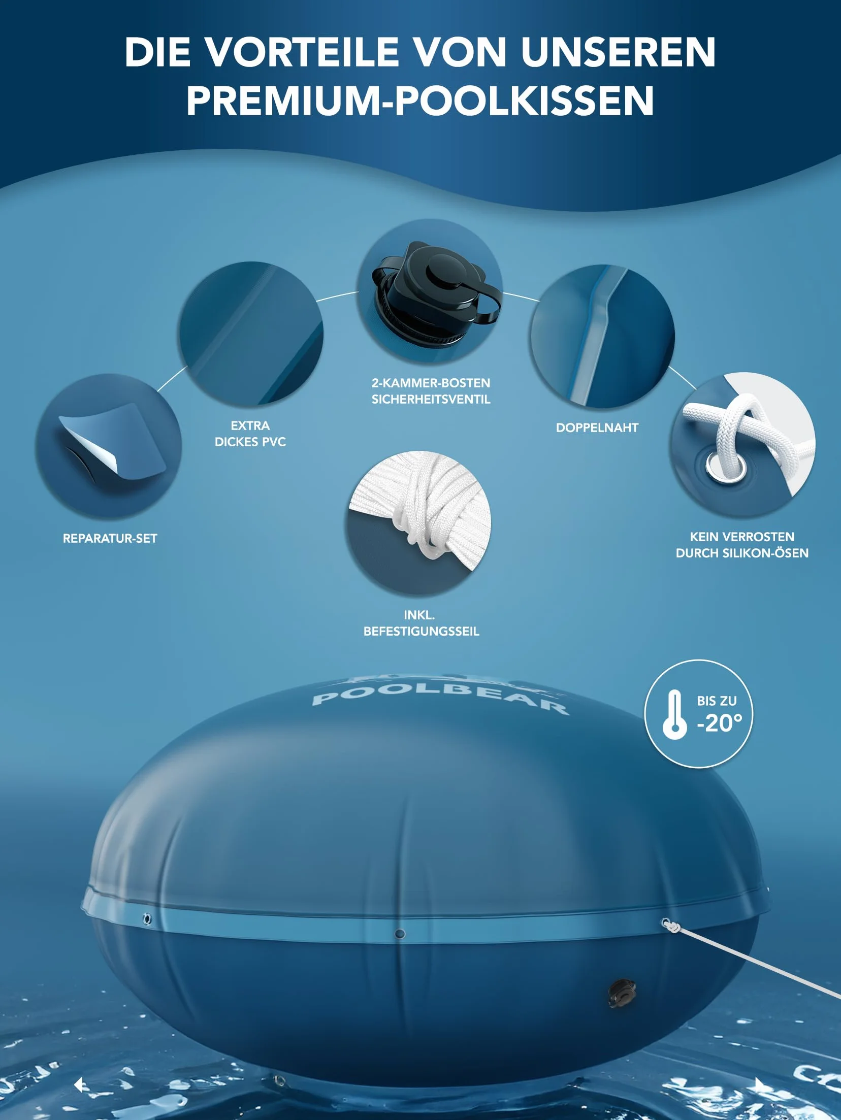 PoolBear Cojín de piscina de invierno 2 m XXL de aire doble costura con kit de reparación