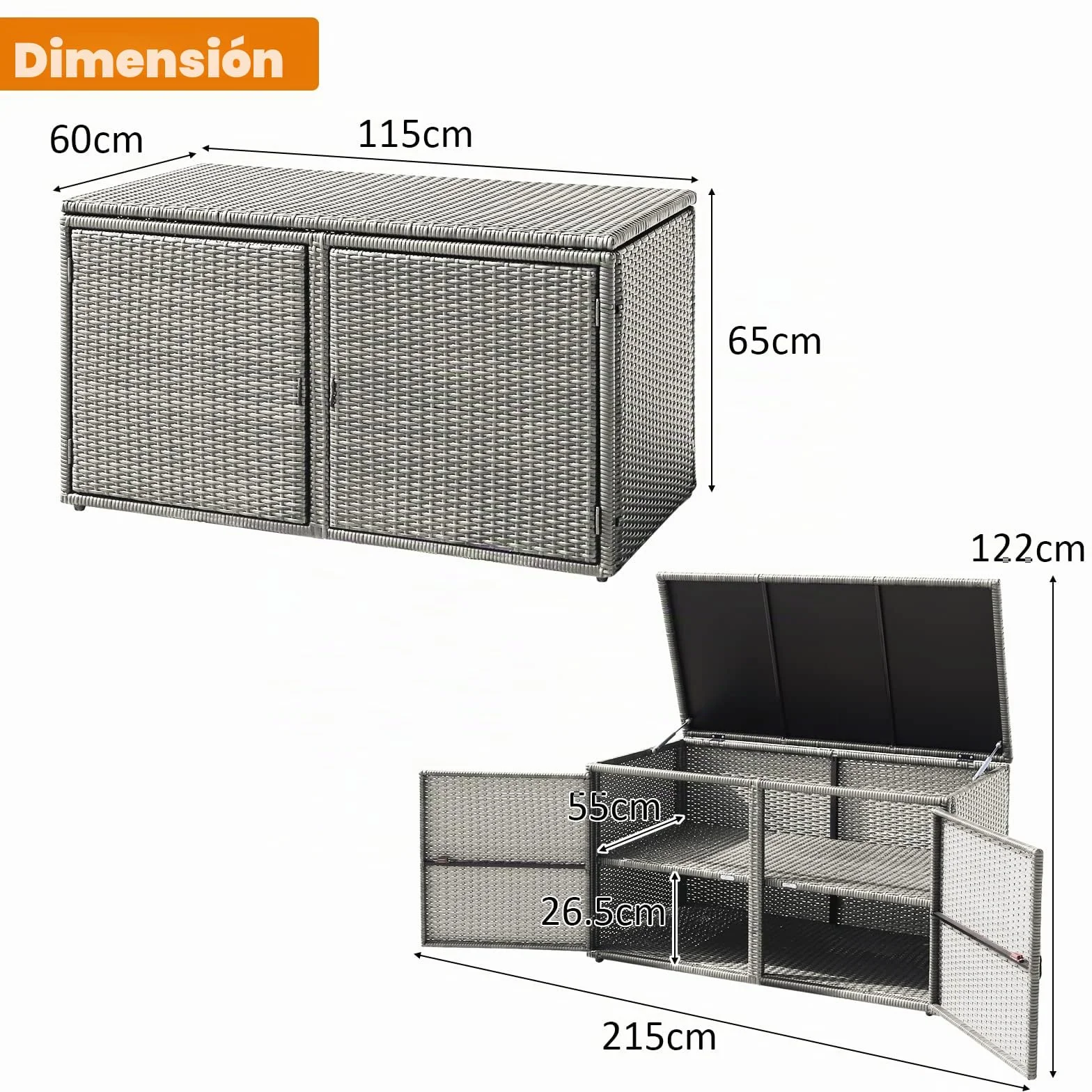 KOMFOTTEU Baúl de Almacenamiento Exterior de Ratán 330 L, 115 x 60 x 65 cm, Gris
