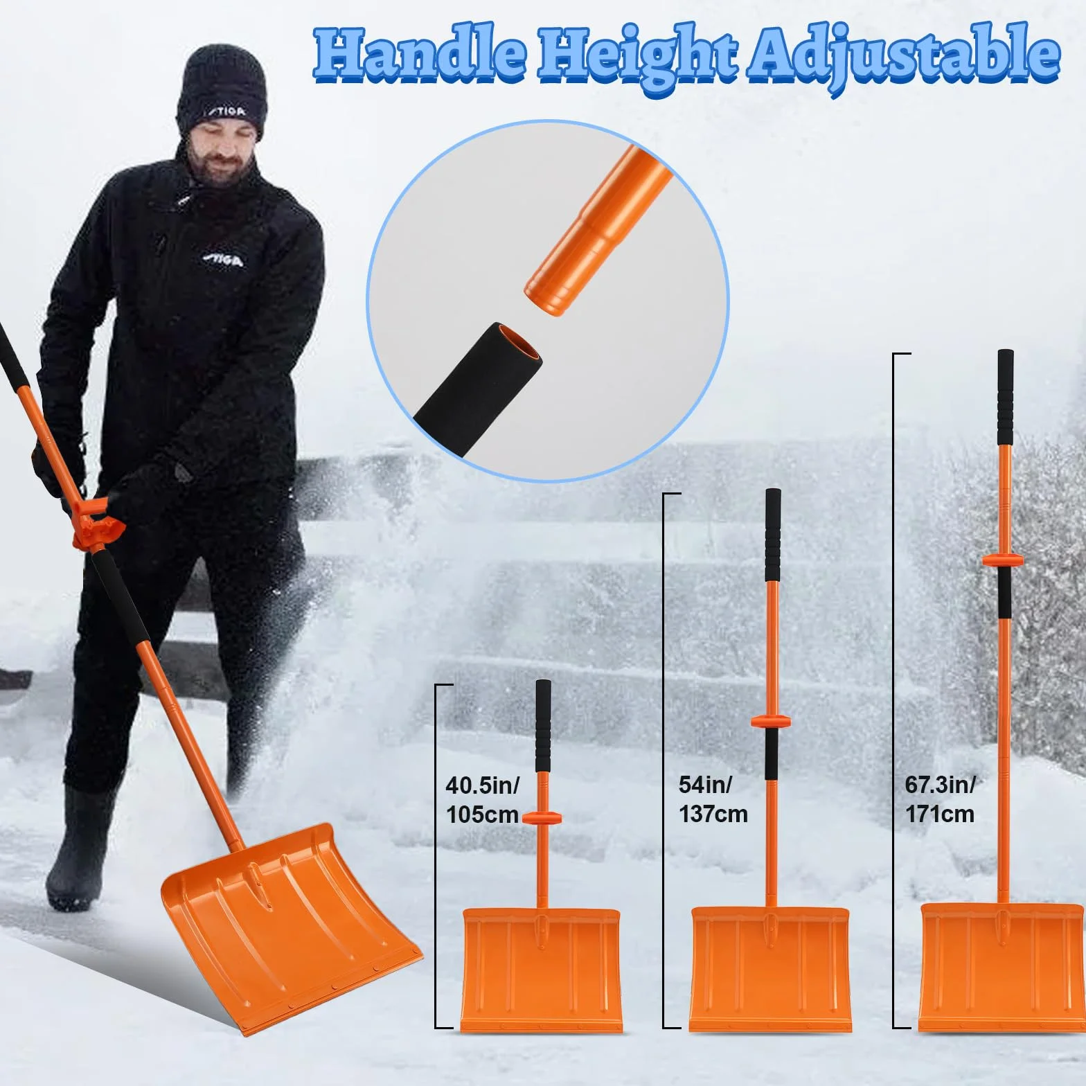 Pala de Nieve Portátil 171cm Ajustable 41cm Hoja Ancha de Metal para Camino de Entrada