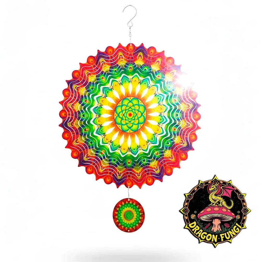Dragon Fungi Molinillo de Viento Jardín Exterior Grande Veleta Decorativa Mandala Multicolor con Carrillón
