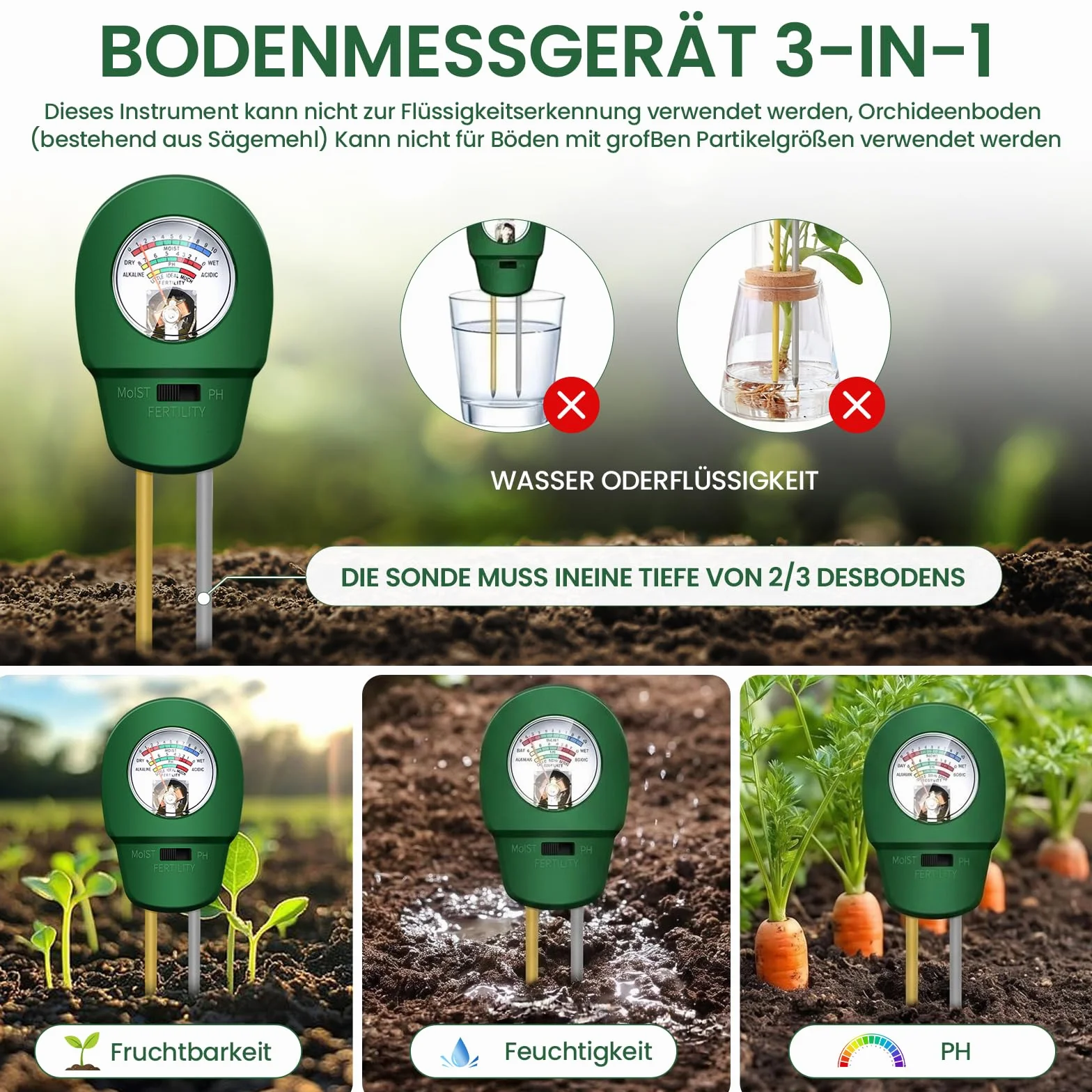 Medidor Humedad Plantas 3 en 1 Medidor Ph Tierra Jardineria Suelo para Maceta Grandes