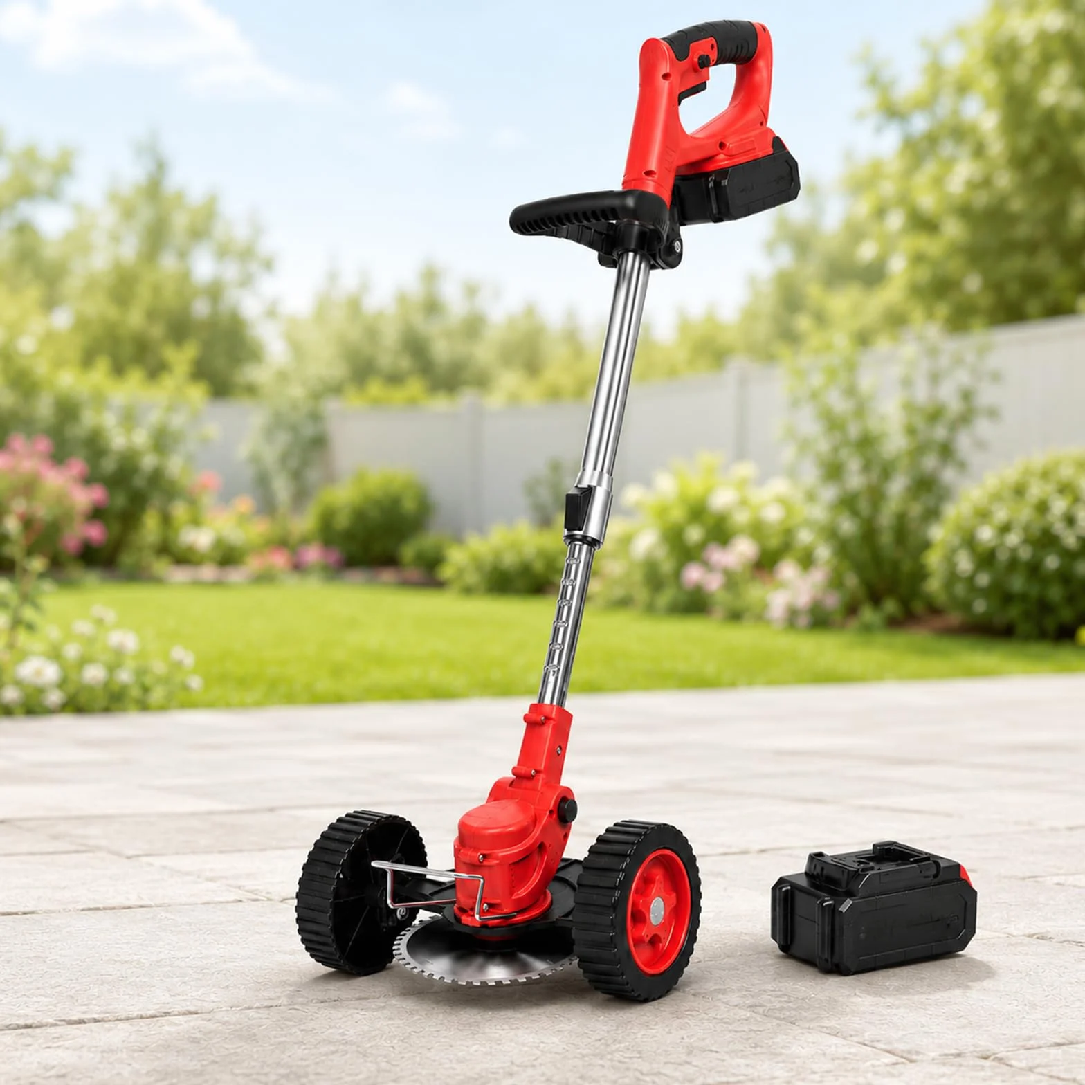 Cortahierbas Portátil 21 V con Ruedas, Barra Telescópica y Batería Red-5-CellBattery | El diseño sin cable facilita el movimiento junto a caminos, muros, entradas, vallas y bordes de flores