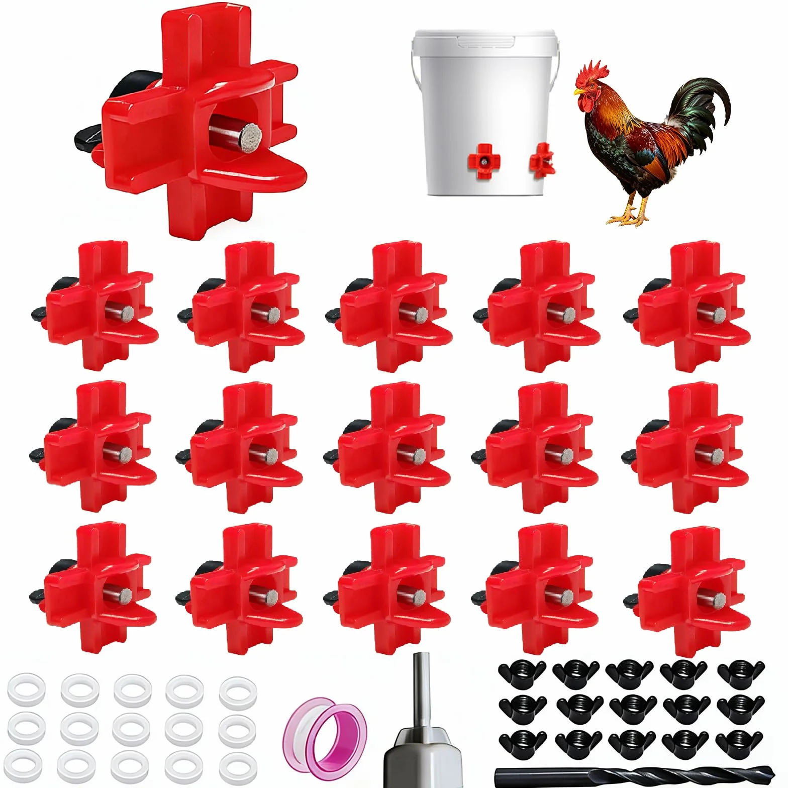 Pezones de agua horizontales de pollo, bebedero de pezones de pollo para coper, bebedero de pezones de aves de corral, a prueba de fugas, plástico ABS duradero, con brocas (paquete de 15)