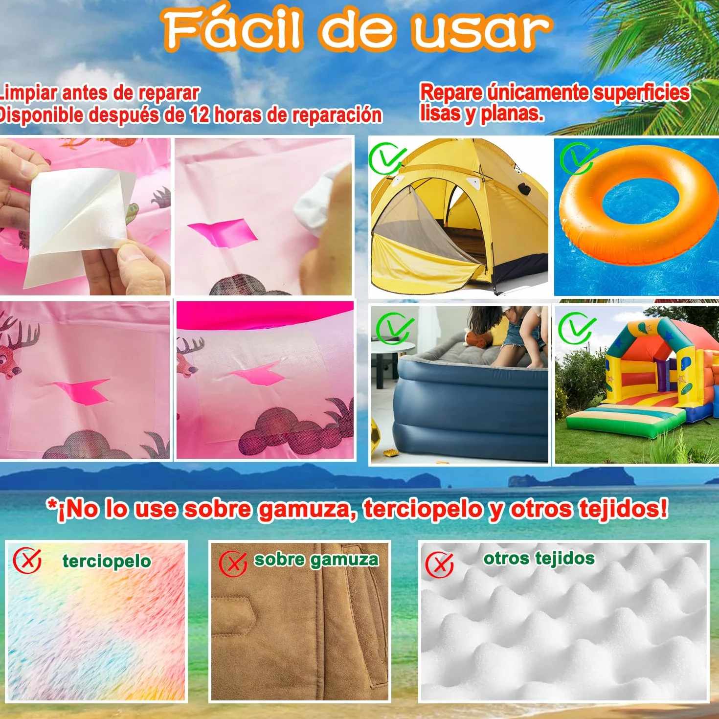 Kit reparación parches inflables autoadhesivos TPU impermeable vinilo transparente 8,8x8,8cm piscina