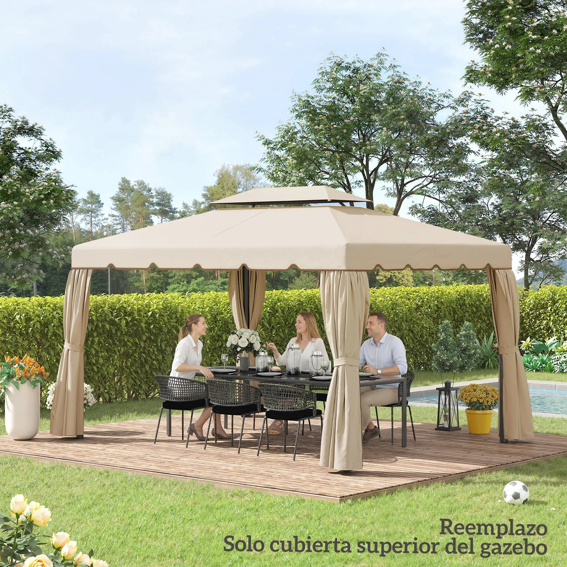 Outsunny Techo de Repuesto para Cenador, 4x3 m, Cubierta de Repuesto con Doble Techo, 8 Orificios de Drenaje, Solo Toldo de Recambio para Pabellón Gazebo, Beige