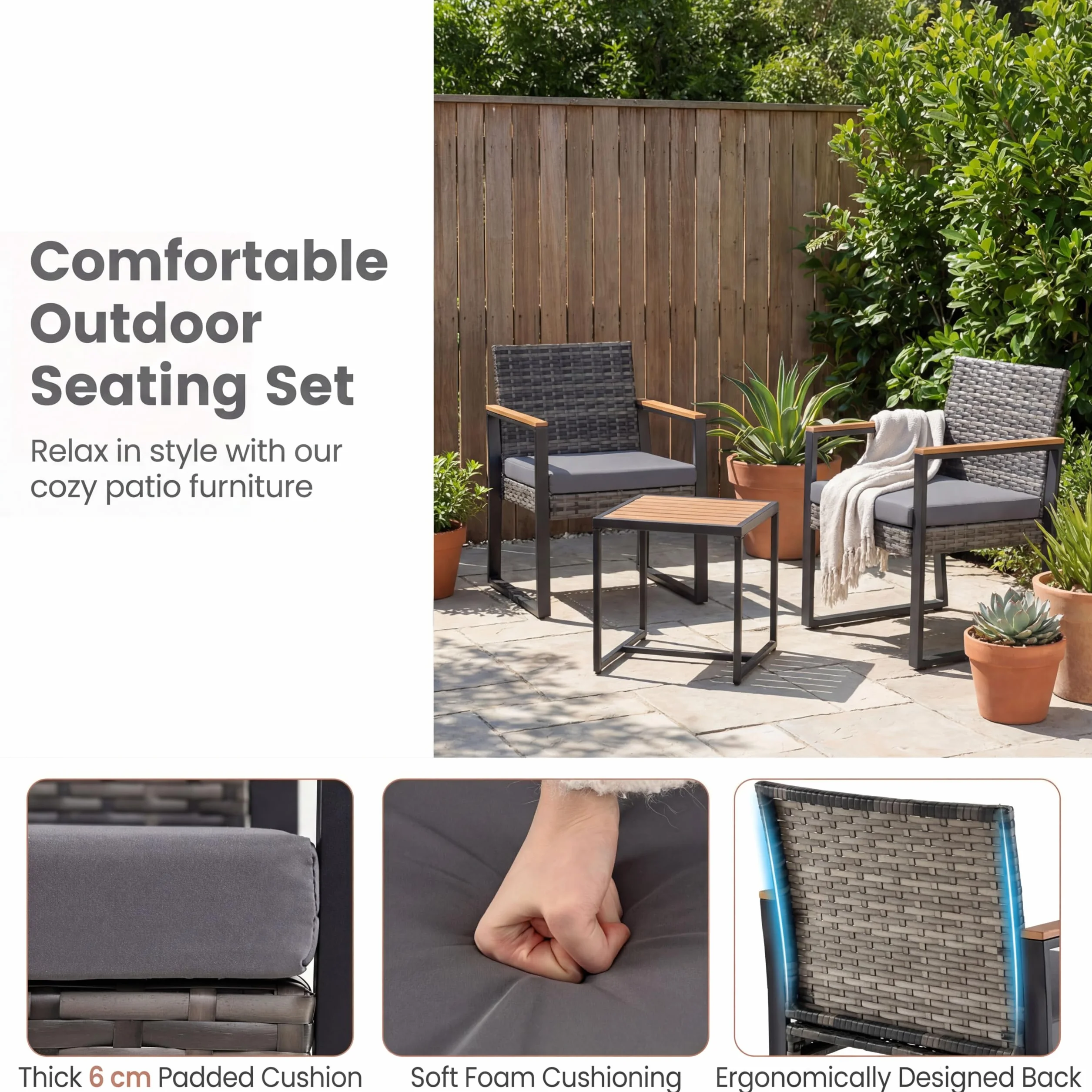 LIFEZEAL Set de 3 Piezas Muebles de Ratán PE, Mesa y Sillas Exterior, Cojines y Patas Ajustables Gris