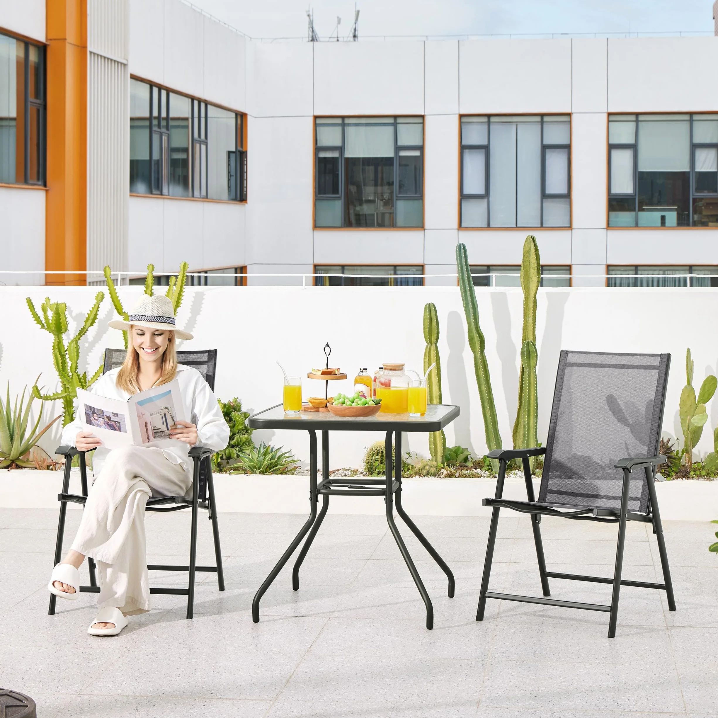 Yaheetech Conjunto Jardín Exterior 2 Personas 2 Sillas Plegables Mesa 70cm Diámetro Orificio Sombrilla